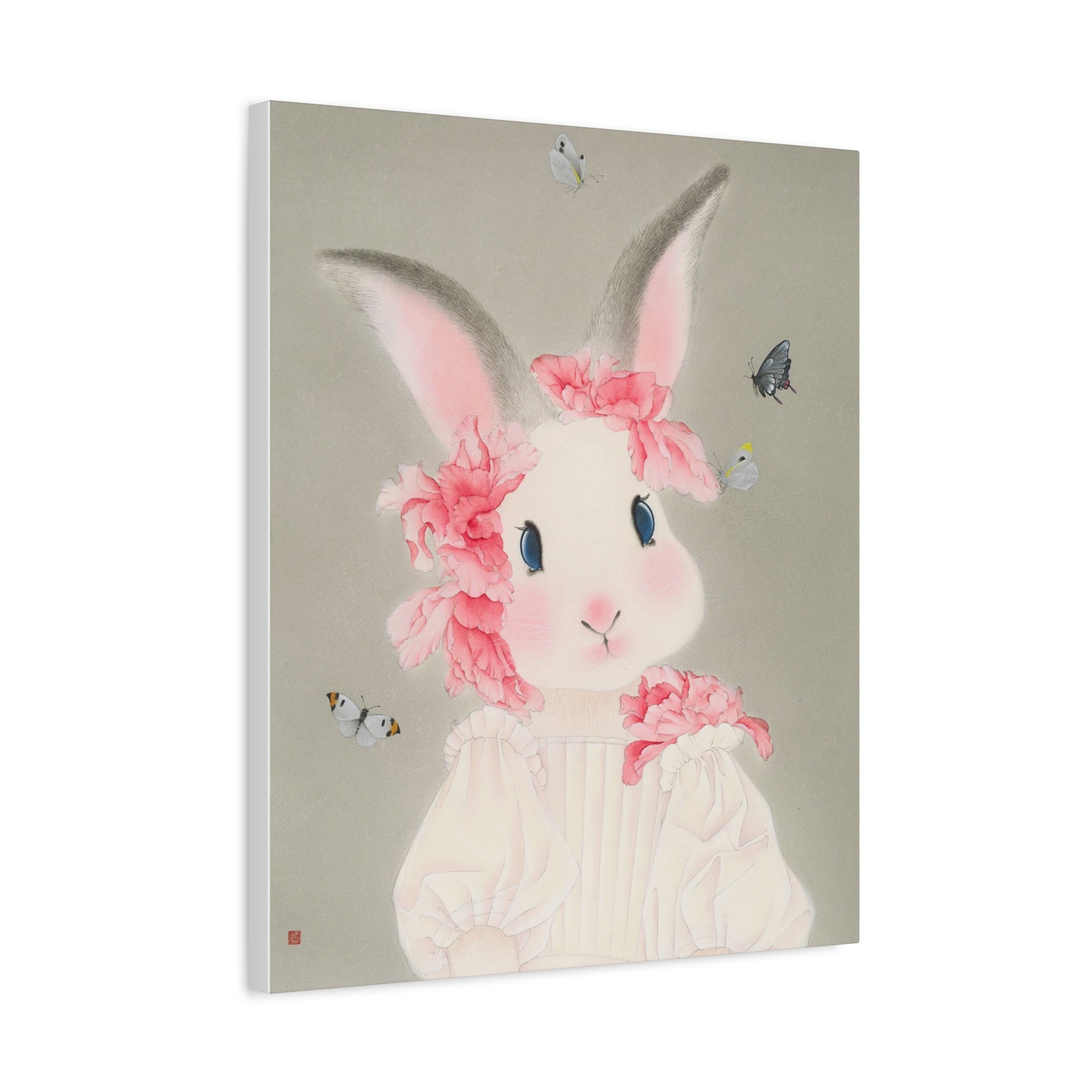 Cute Rabbit with butterflies Chinese  Contemporary watercolor painting - Canvas Print