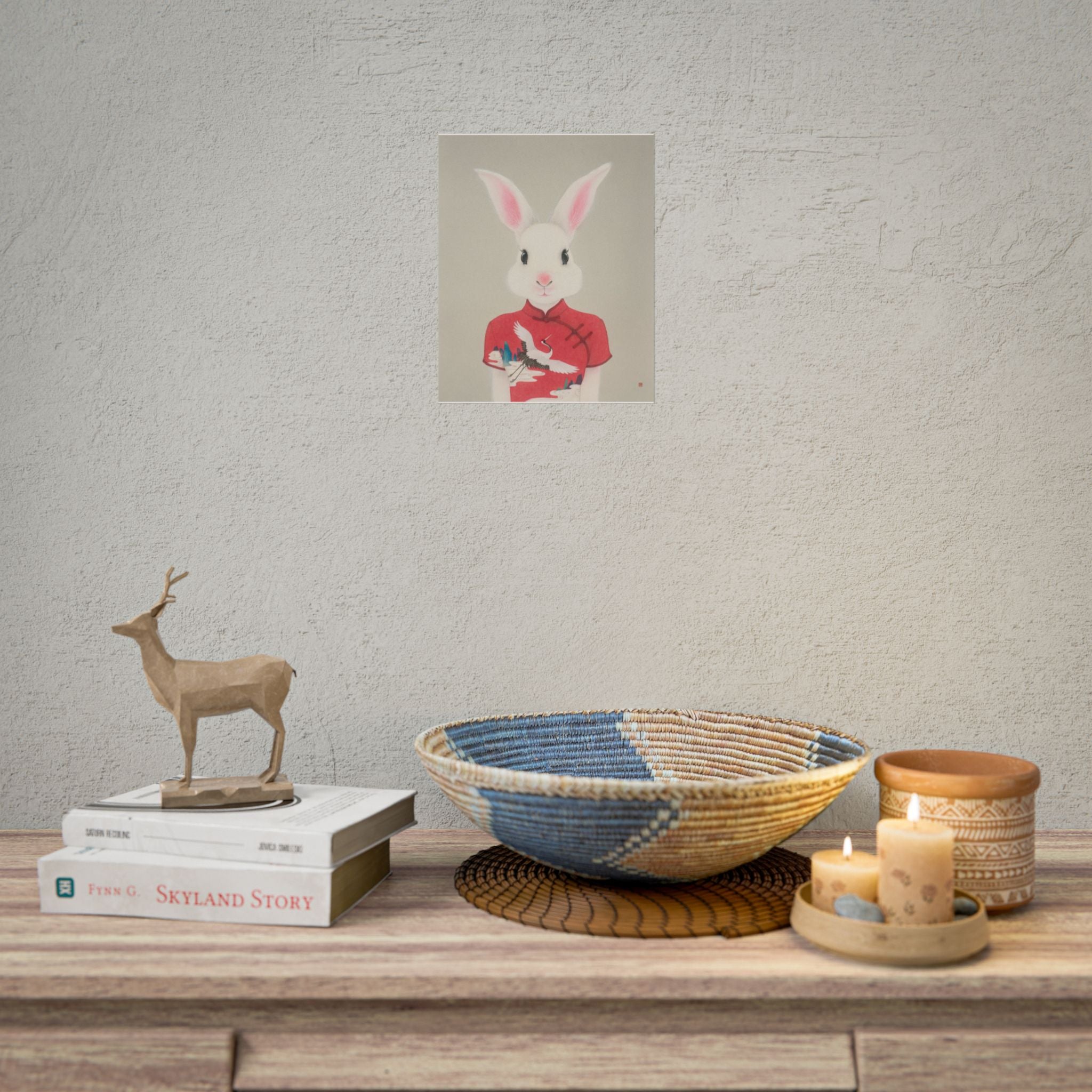 Rabbit with Qipao Art Poster, Cute Animal Decor, Christmas Wall Art, Kids Room Decoration, Gift for Animal Lovers