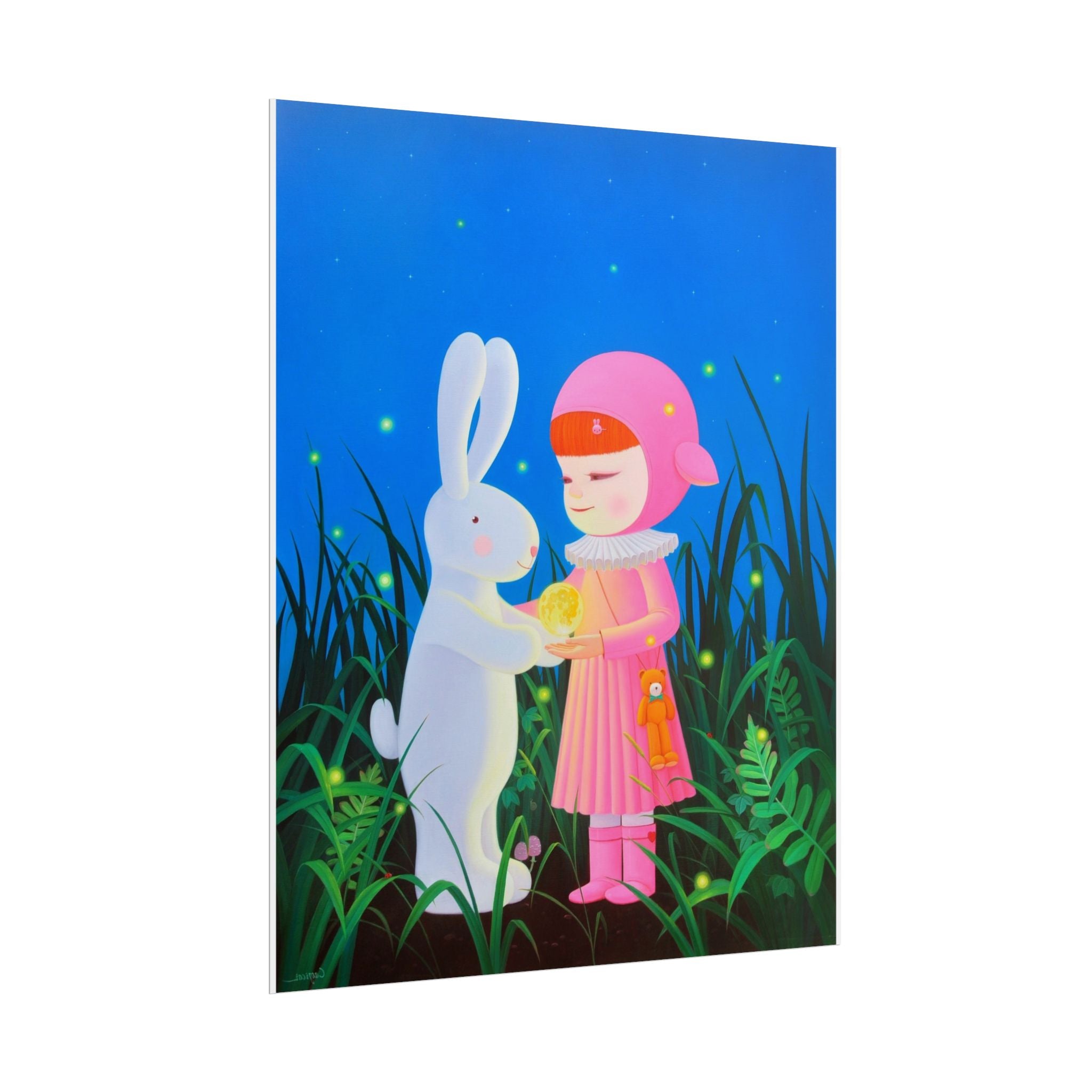 Little Girl, Rabbit & Moon Art Poster, Cute Animal Decor, Christmas Wall Art, Kids Room Decoration, Gift for Animal Lovers