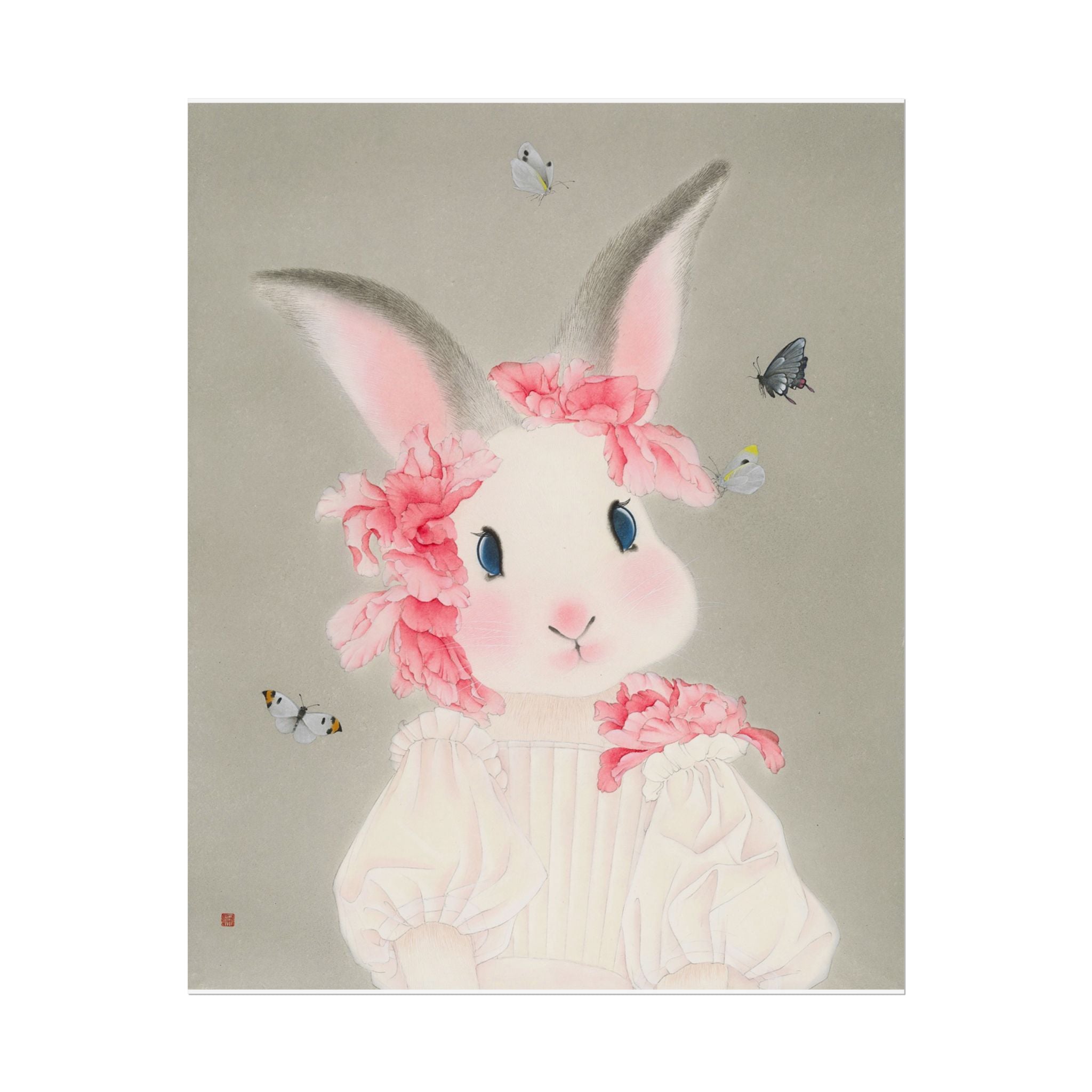 Rabbit with flowers Art Poster, Cute Animal Decor, Christmas Wall Art, Kids Room Decoration, Gift for Animal Lovers
