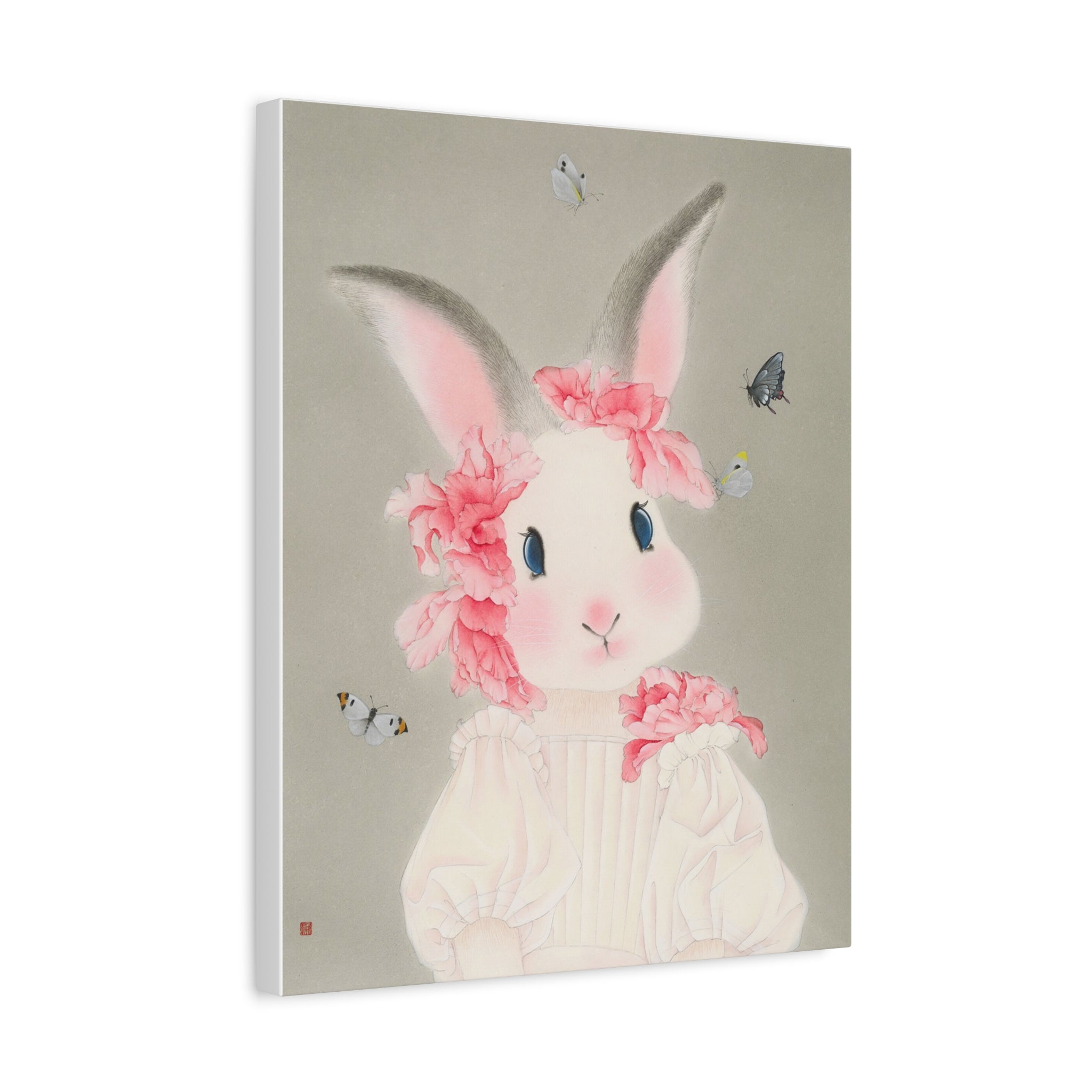 Cute Rabbit with butterflies Chinese  Contemporary watercolor painting - Canvas Print