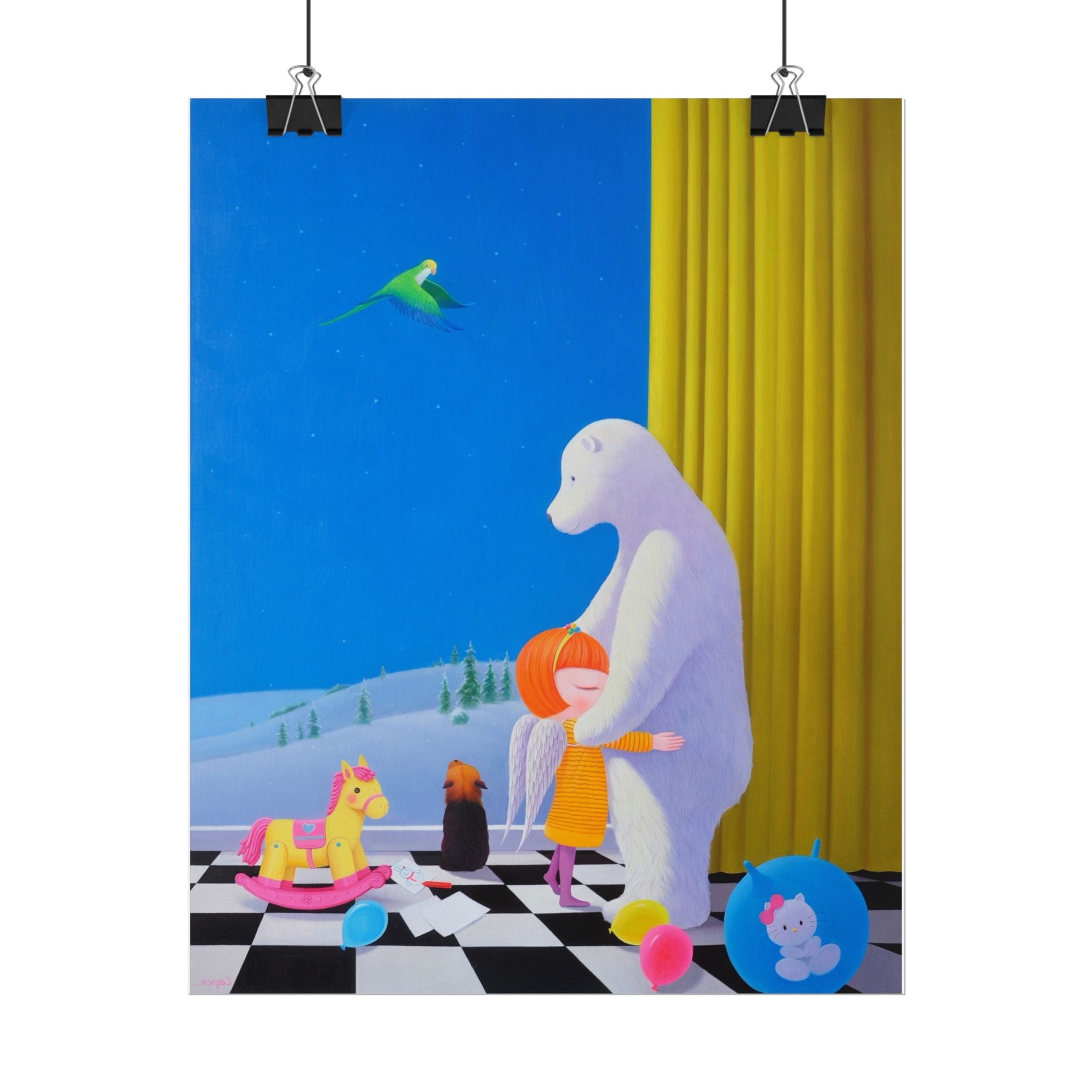 Little Girl with Her Bear Art Poster, Cute Animal Decor, Christmas Wall Art, Kids Room Decoration, Gift for Animal Lovers