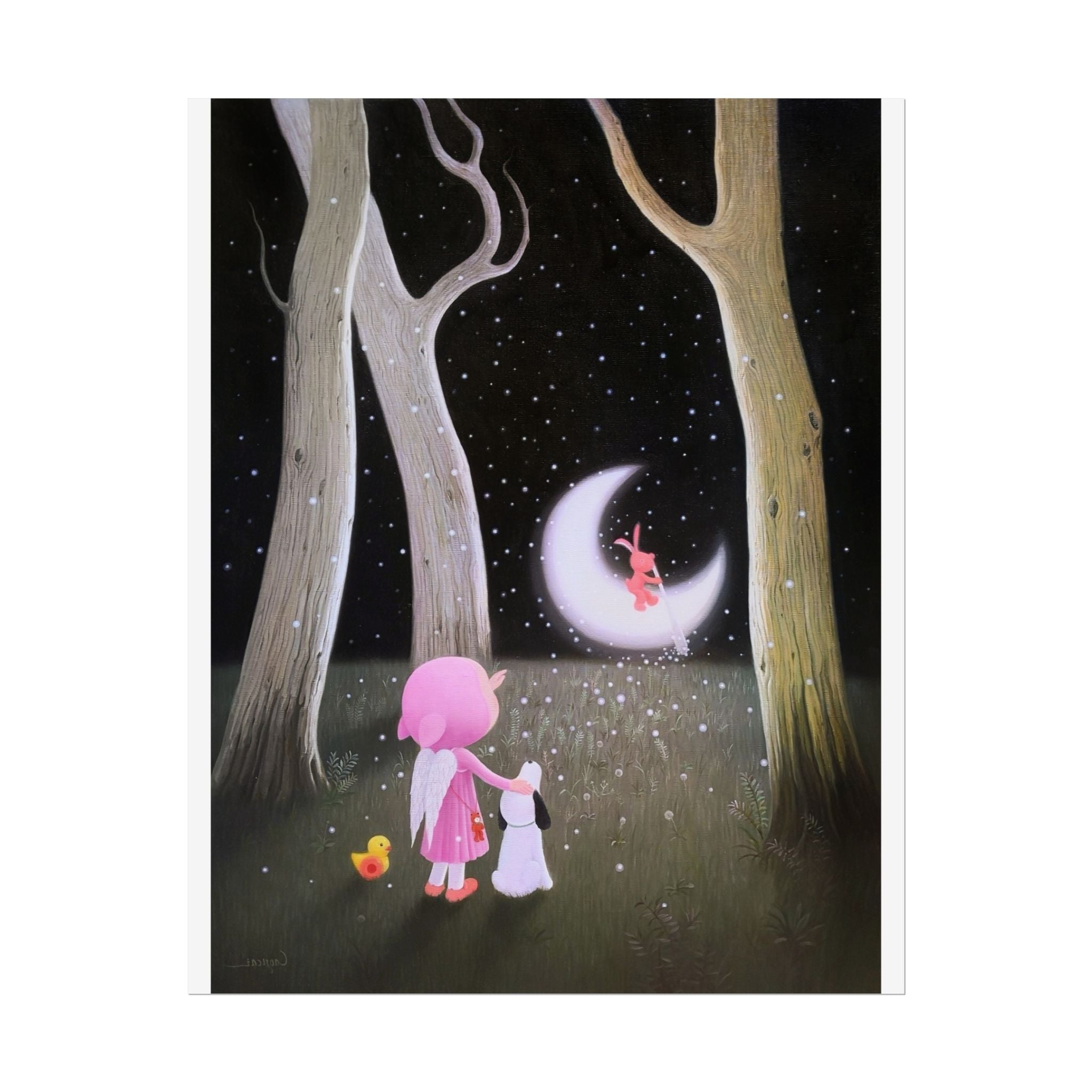 Little Girl with the Moon Art Poster, Cute Animal Decor, Christmas Wall Art, Kids Room Decoration, Gift for Animal Lovers