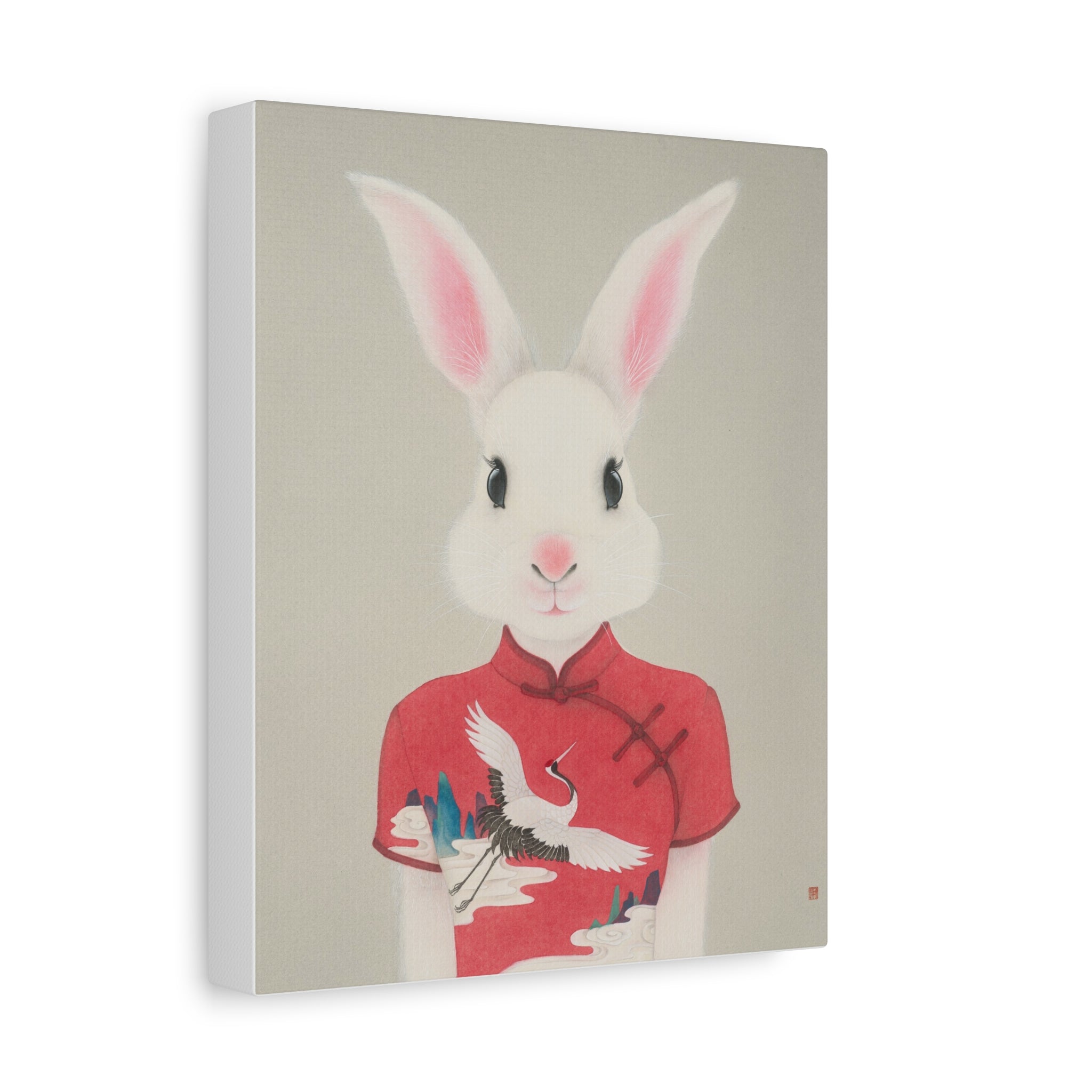 Chinese Qipao Rabbit with butterflies Chinese  Contemporary watercolor painting - Canvas Print
