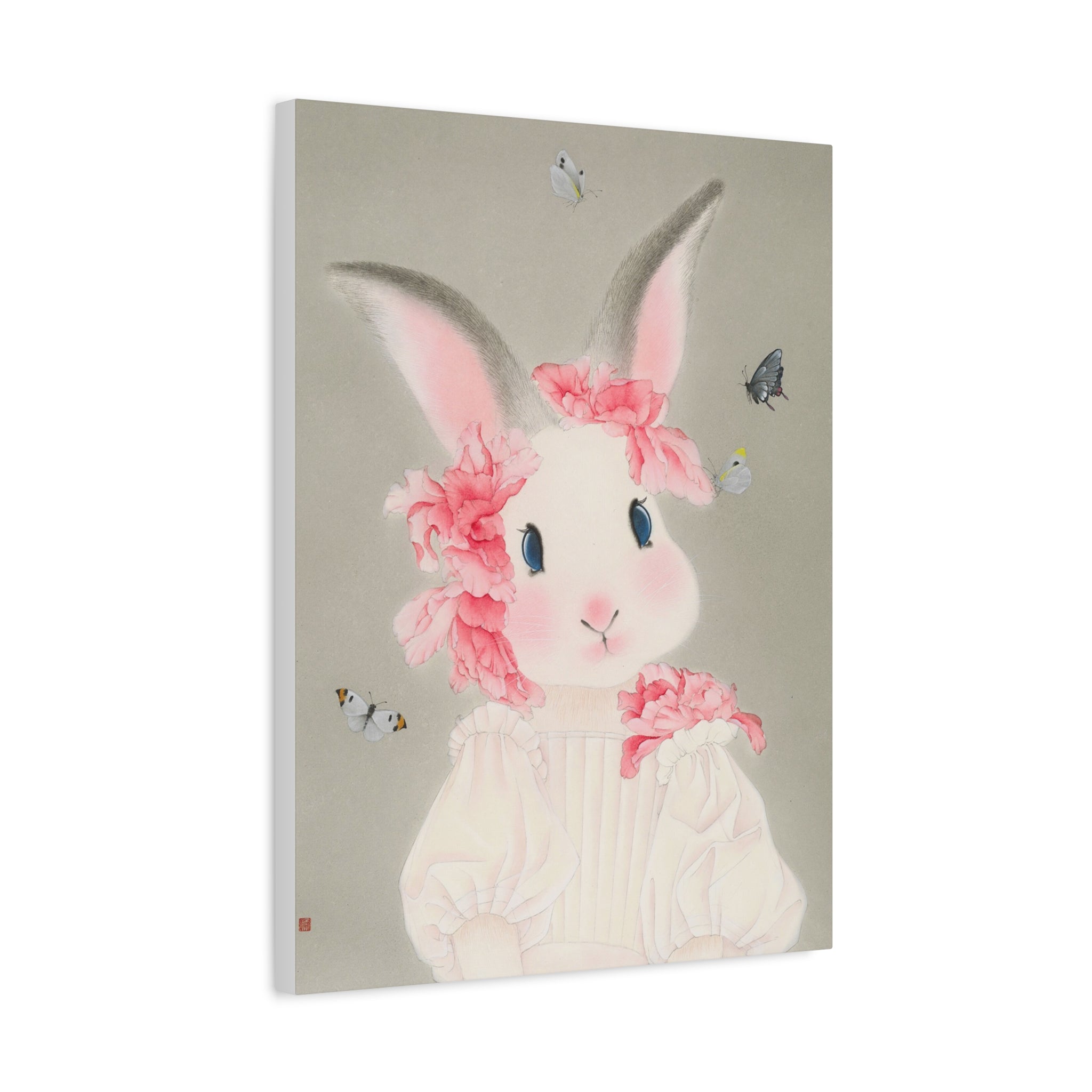 Cute Rabbit with butterflies Chinese  Contemporary watercolor painting - Canvas Print