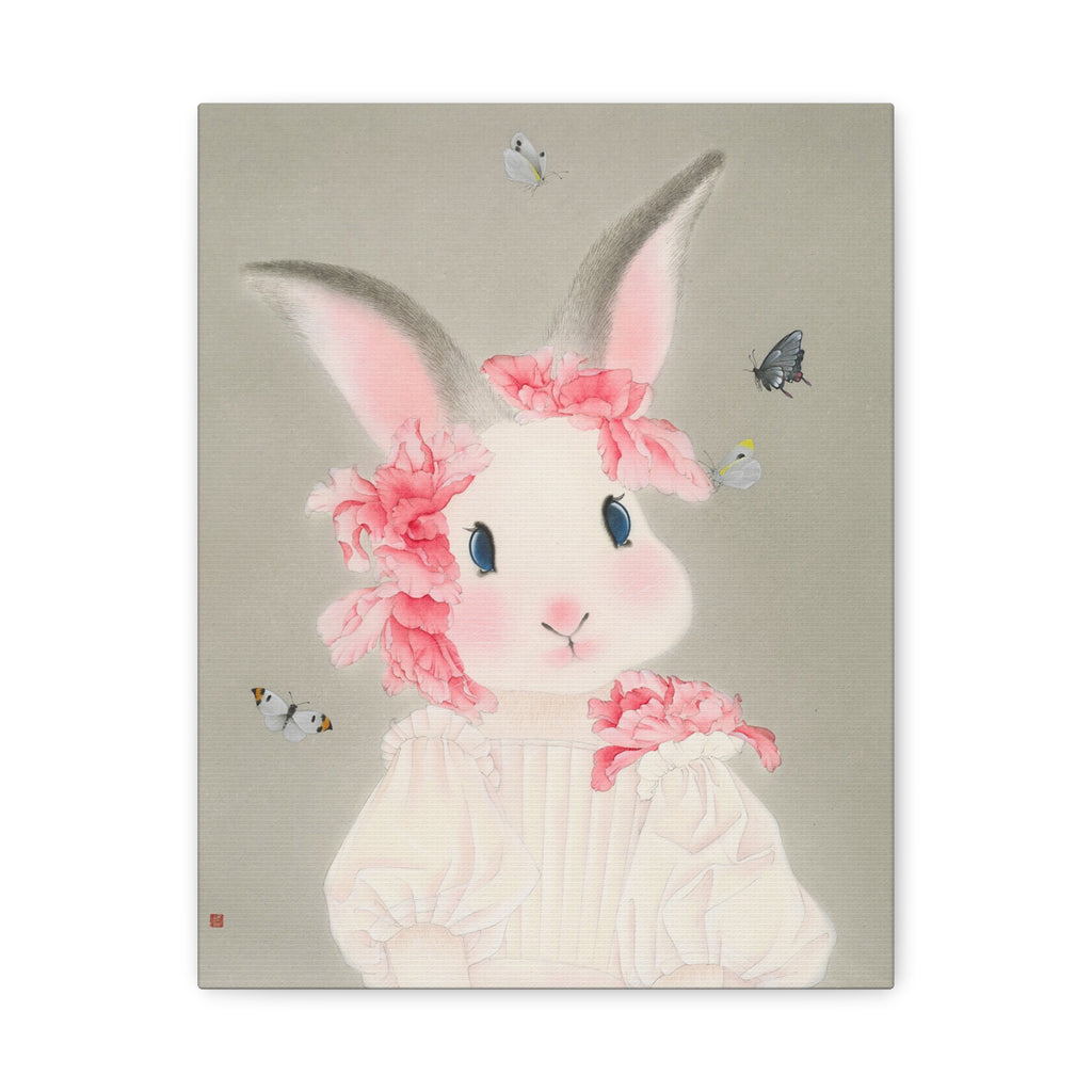 Cute Rabbit with butterflies Chinese  Contemporary watercolor painting - Canvas Print