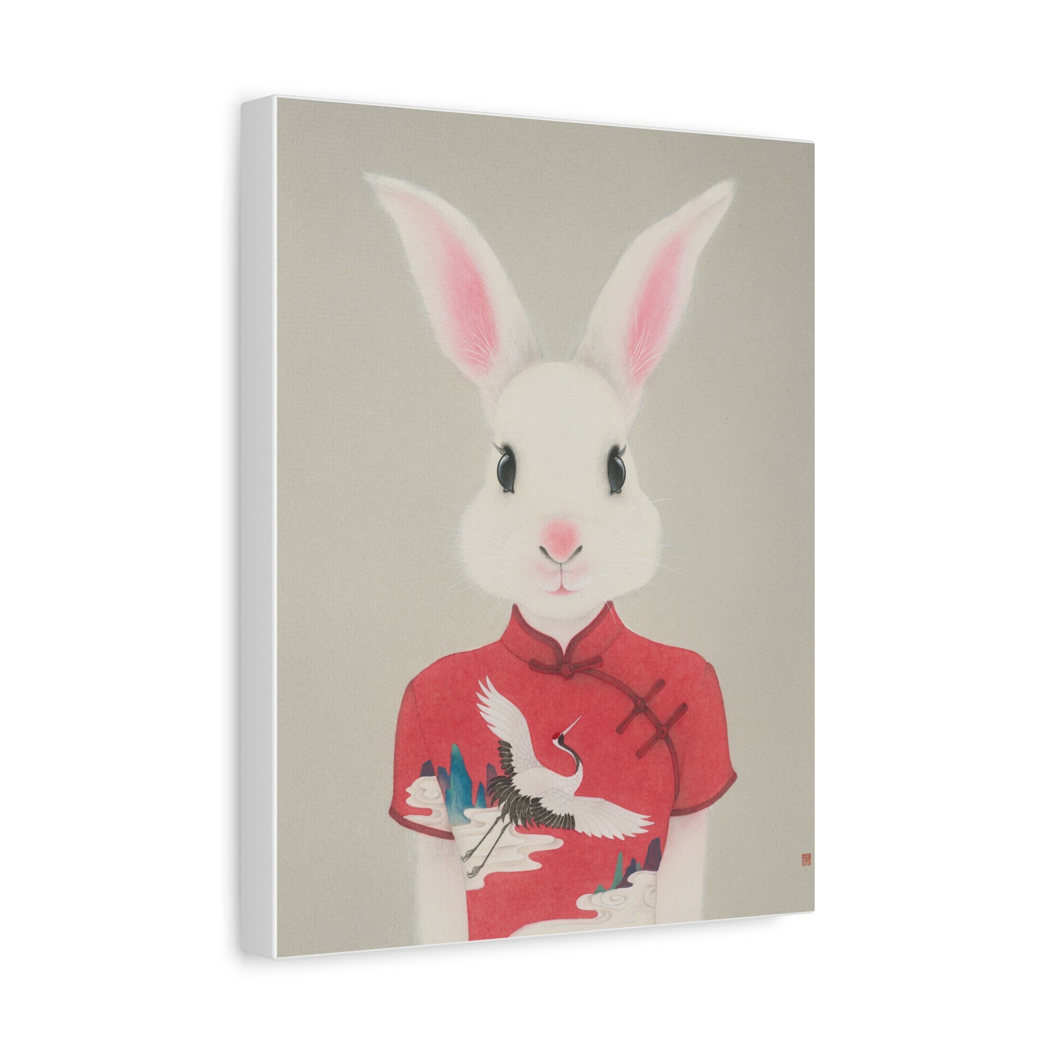 Chinese Qipao Rabbit with butterflies Chinese  Contemporary watercolor painting - Canvas Print