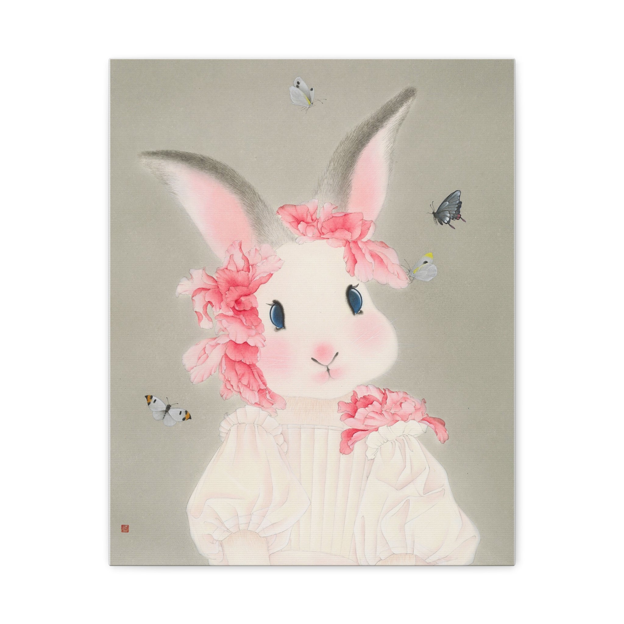 Cute Rabbit with butterflies Chinese  Contemporary watercolor painting - Canvas Print