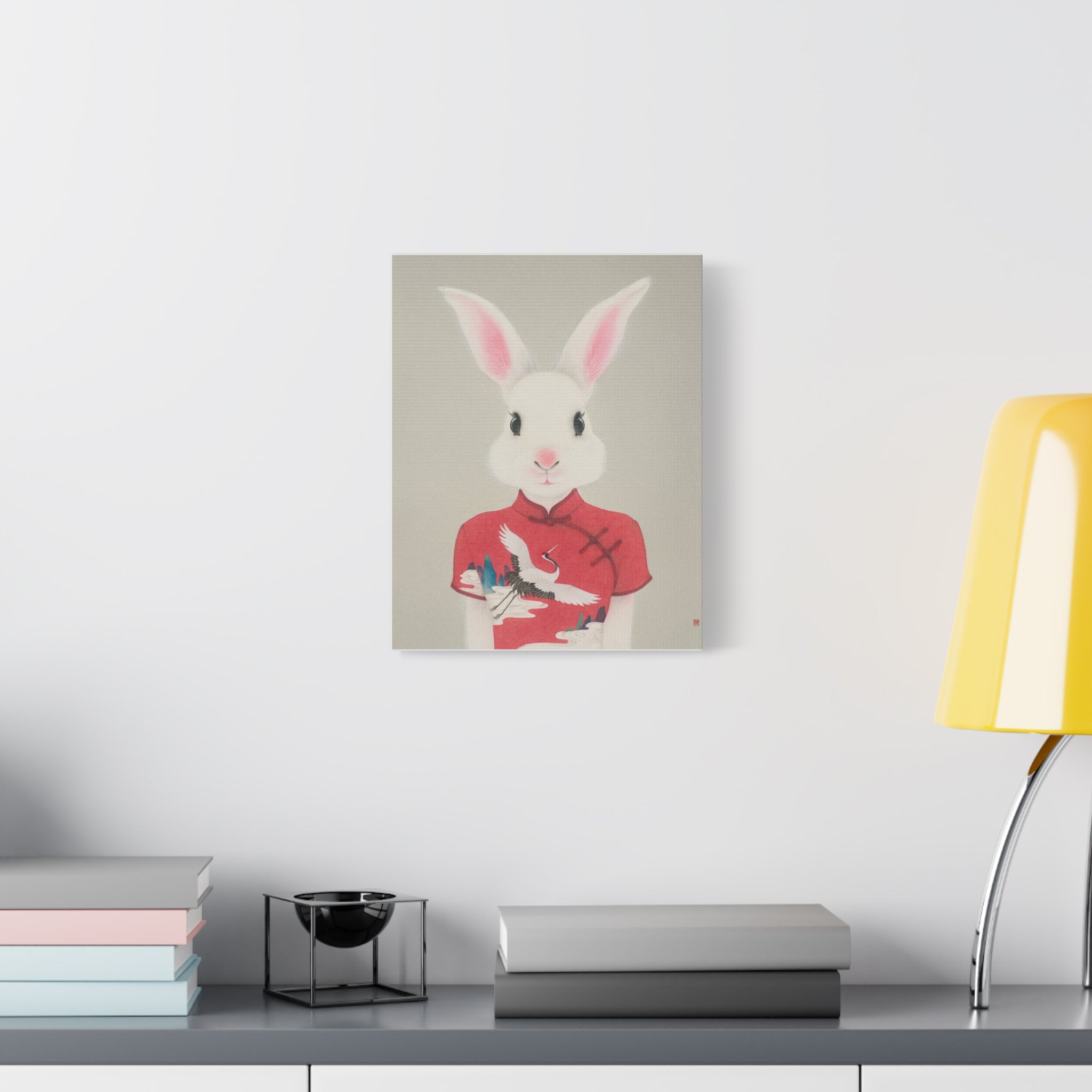 Chinese Qipao Rabbit with butterflies Chinese  Contemporary watercolor painting - Canvas Print