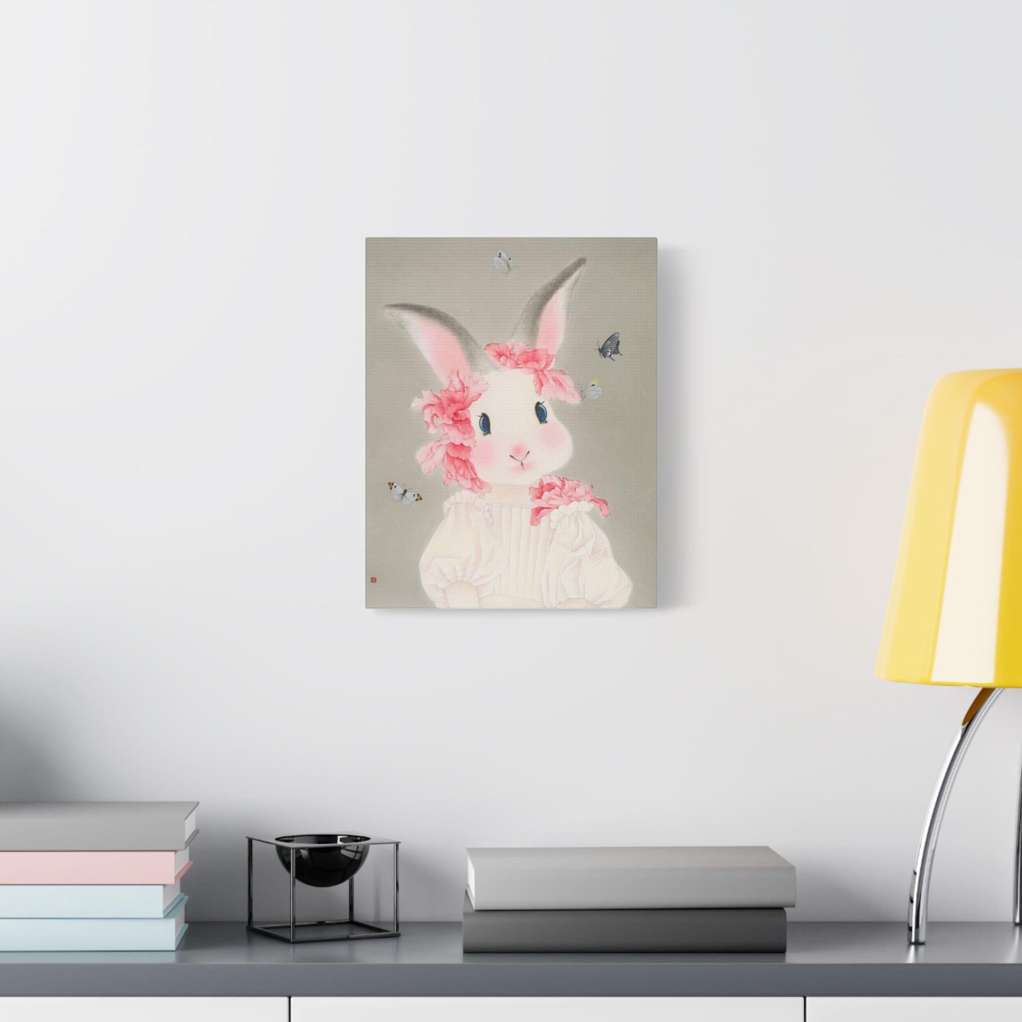 Cute Rabbit with butterflies Chinese  Contemporary watercolor painting - Canvas Print