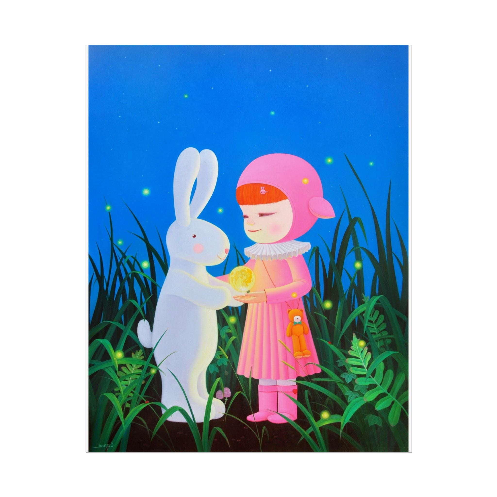 Little Girl, Rabbit & Moon Art Poster, Cute Animal Decor, Christmas Wall Art, Kids Room Decoration, Gift for Animal Lovers
