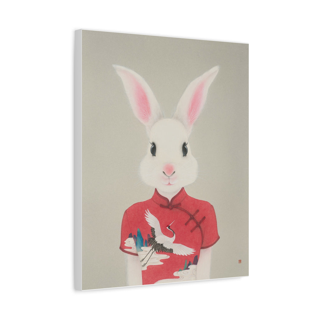 Chinese Qipao Rabbit with butterflies Chinese  Contemporary watercolor painting - Canvas Print