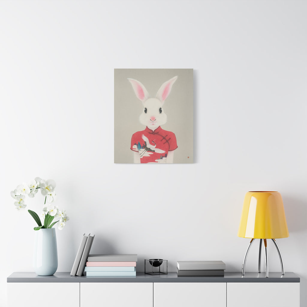 Chinese Qipao Rabbit with butterflies Chinese  Contemporary watercolor painting - Canvas Print