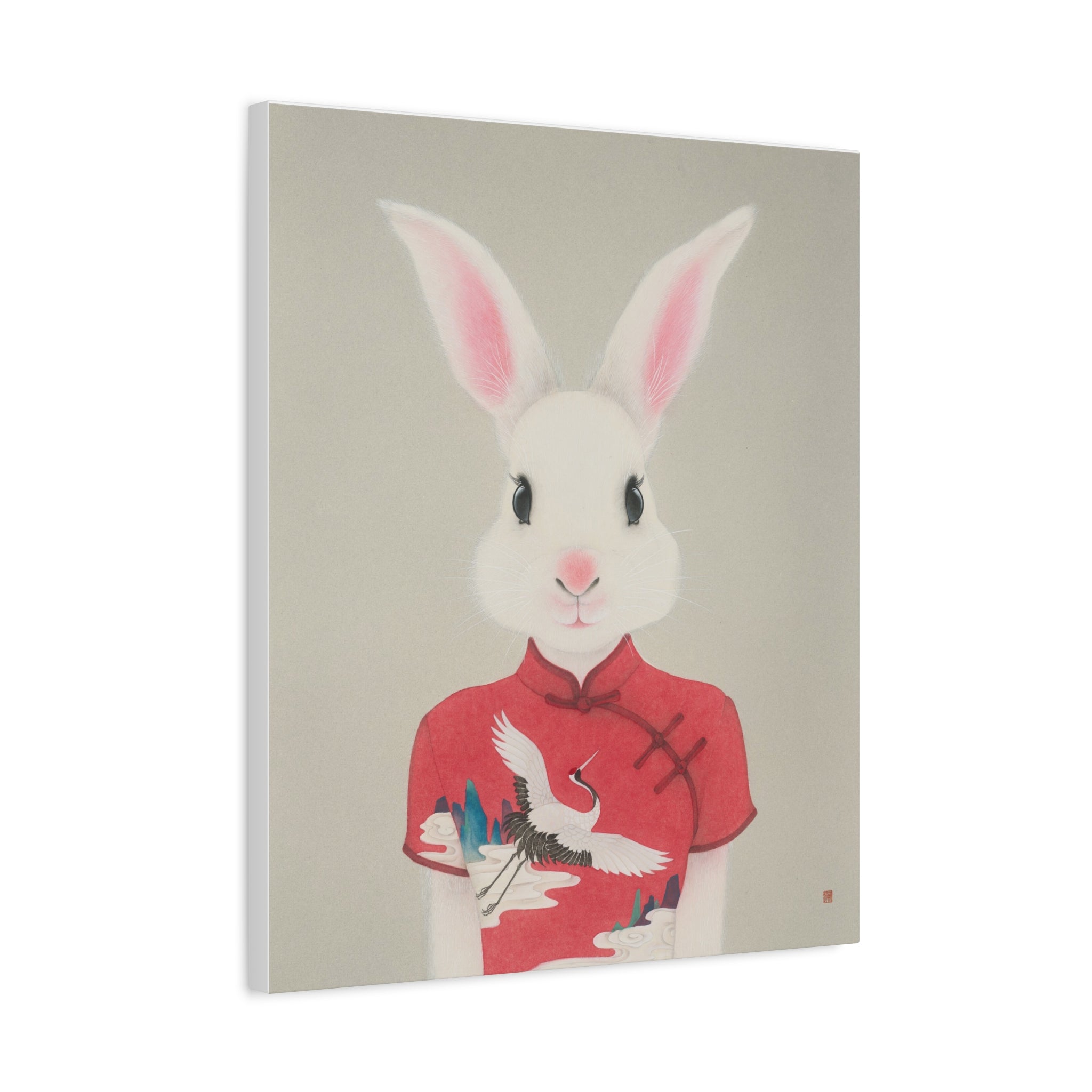 Chinese Qipao Rabbit with butterflies Chinese  Contemporary watercolor painting - Canvas Print