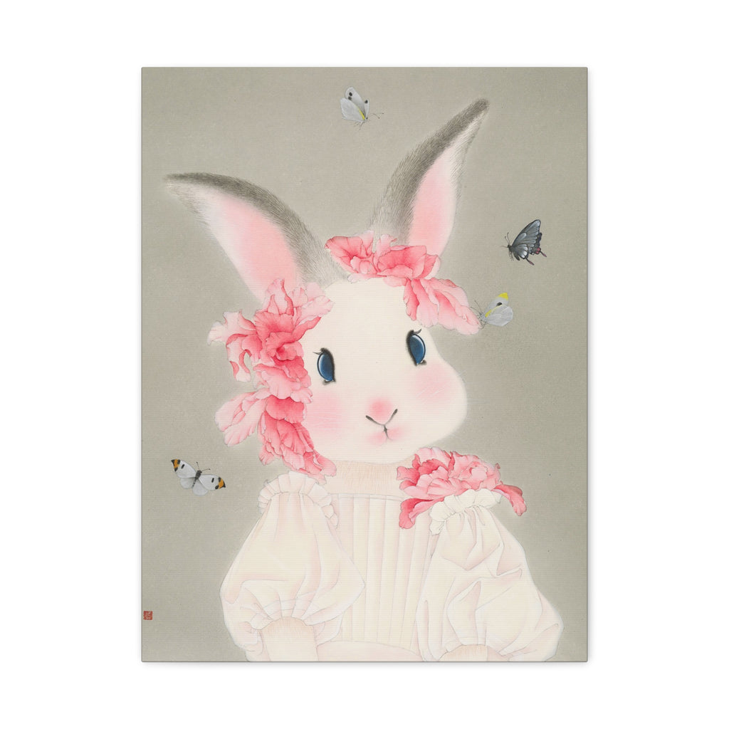 Cute Rabbit with butterflies Chinese  Contemporary watercolor painting - Canvas Print