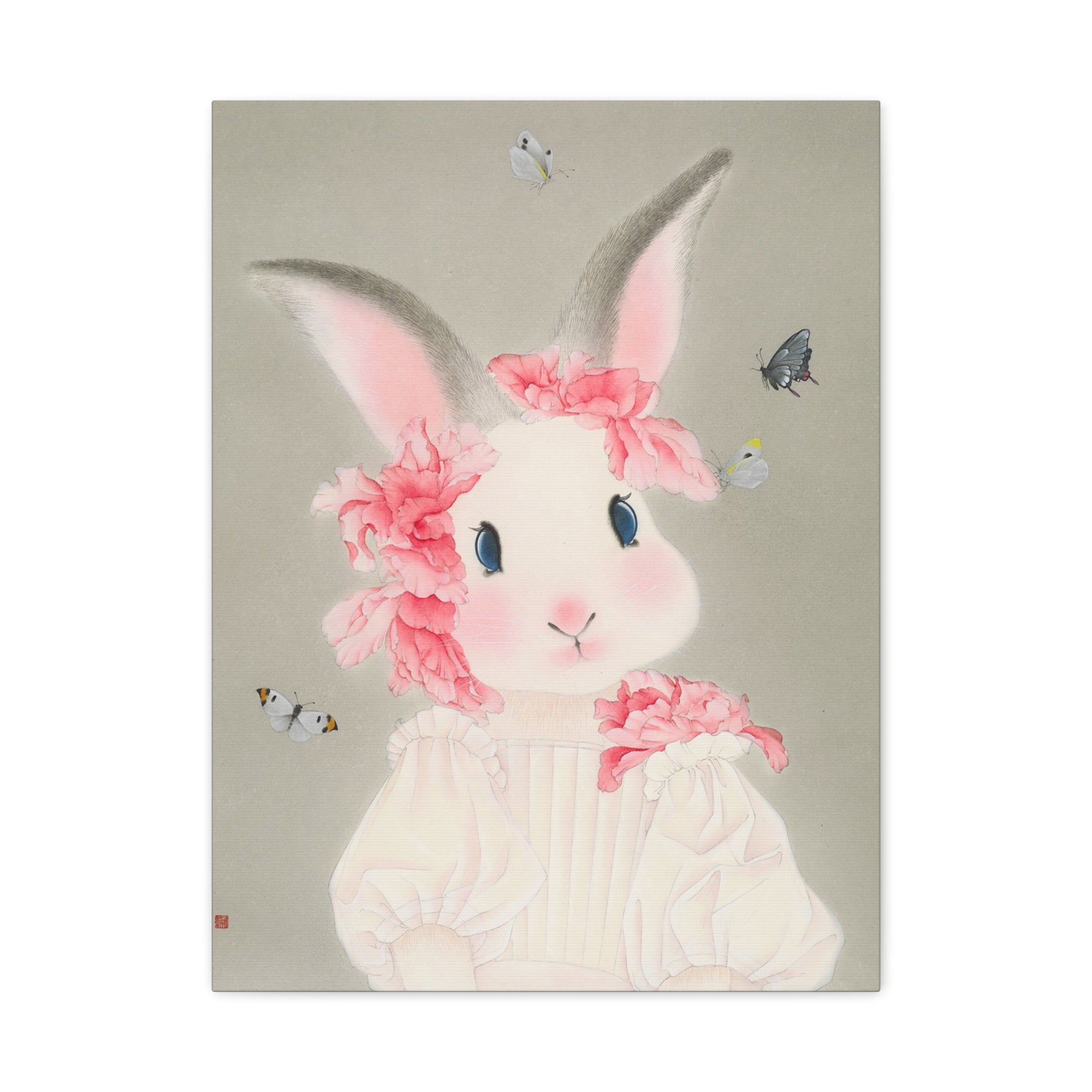 Cute Rabbit with butterflies Chinese  Contemporary watercolor painting - Canvas Print