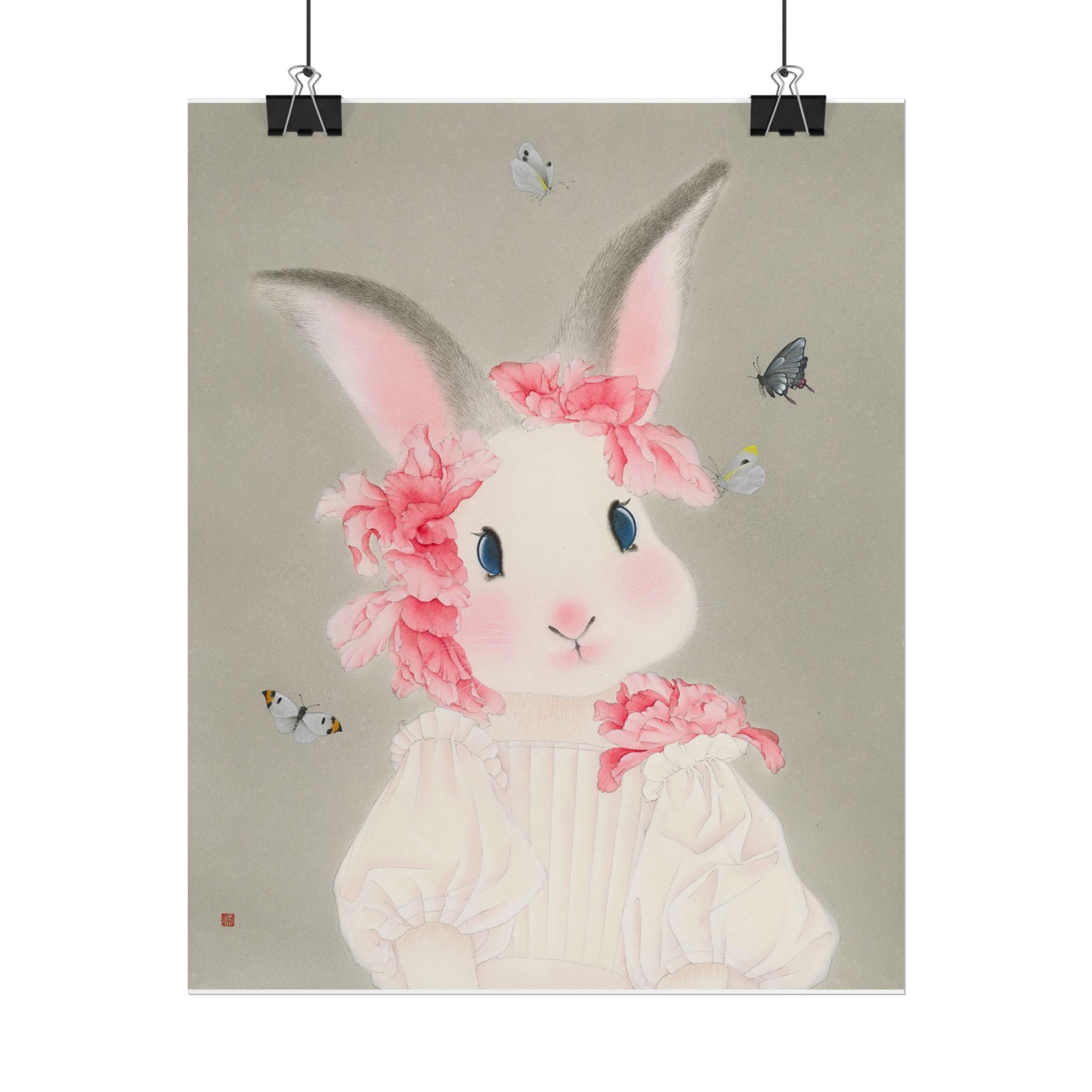 Rabbit with flowers Art Poster, Cute Animal Decor, Christmas Wall Art, Kids Room Decoration, Gift for Animal Lovers