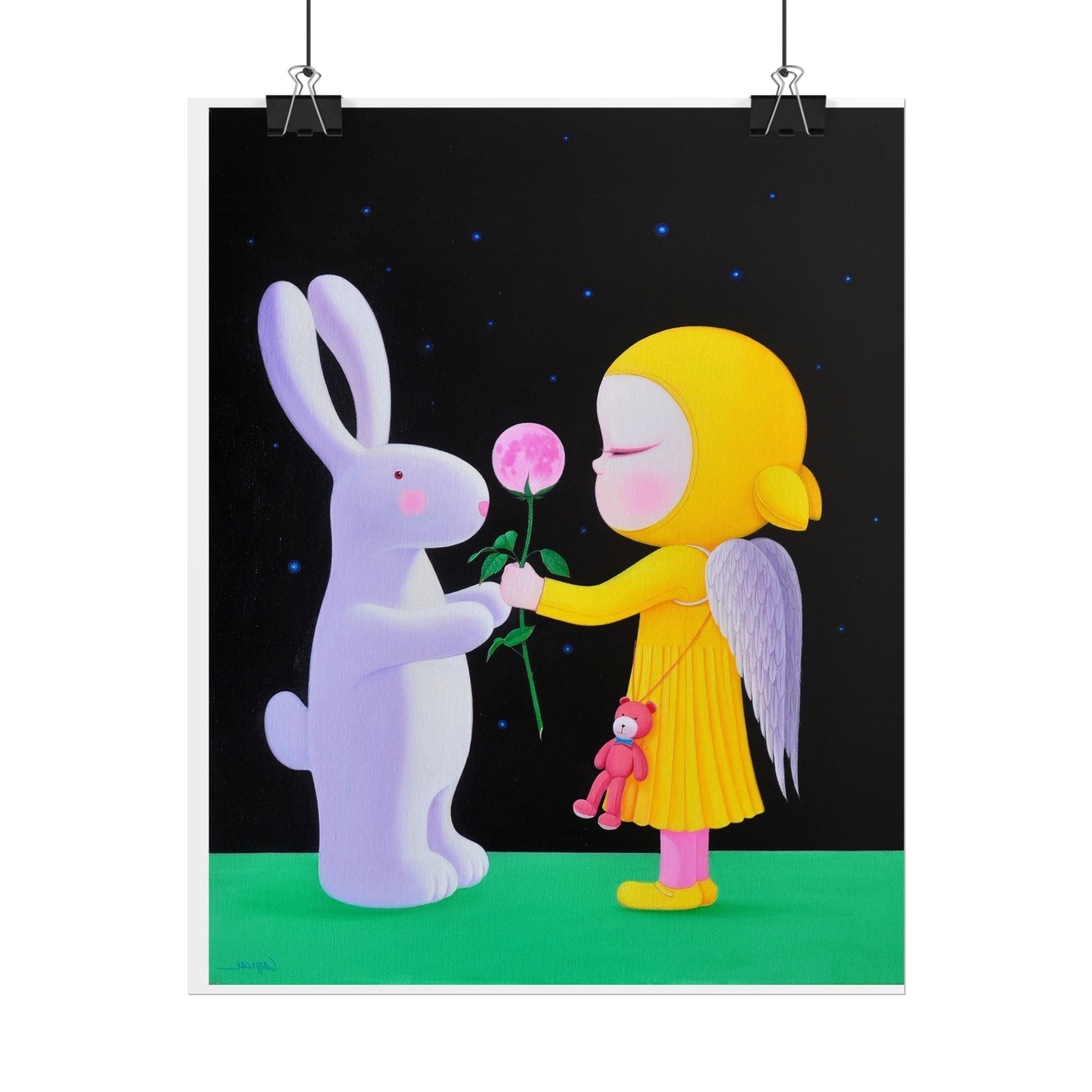 Little Girl with Bunny  Art Poster,  Chinese Contemporary artist - Canvas Print - Artwork for kids