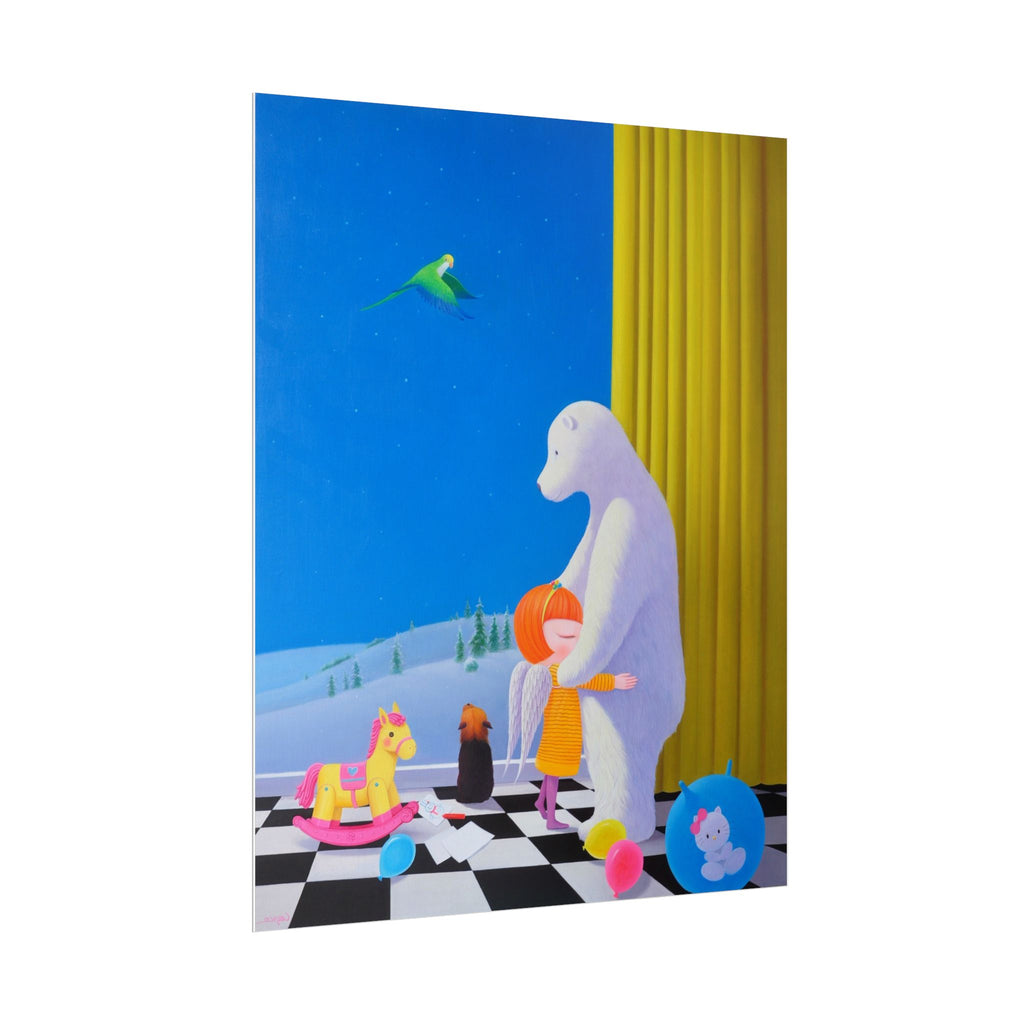 Little Girl with Her Bear Art Poster, Cute Animal Decor, Christmas Wall Art, Kids Room Decoration, Gift for Animal Lovers