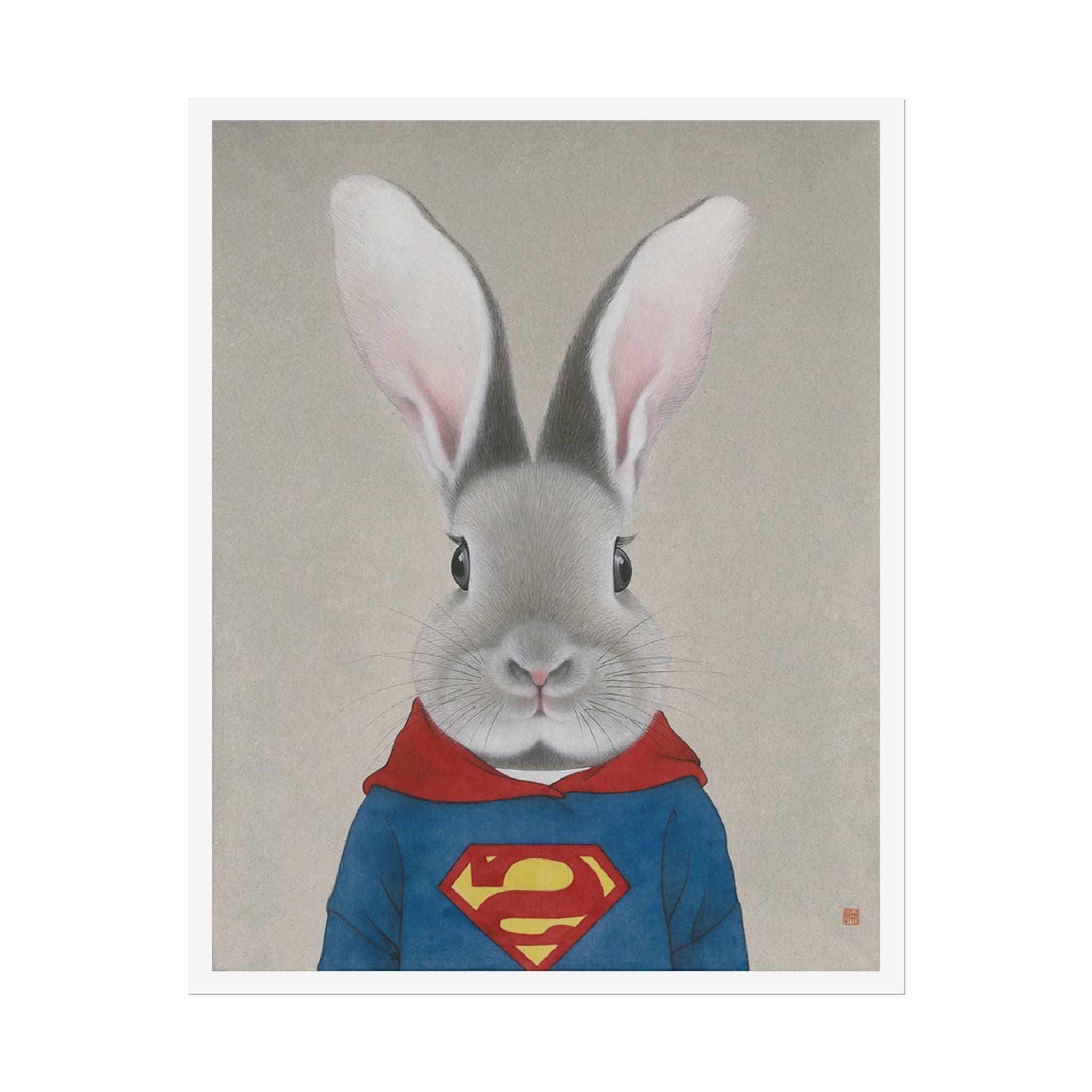 Super Rabbit Art Poster, Cute Animal Decor, Christmas Wall Art, Kids Room Decoration, Gift for Animal Lovers