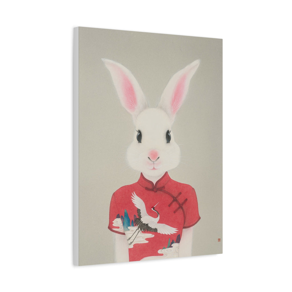 Chinese Qipao Rabbit with butterflies Chinese  Contemporary watercolor painting - Canvas Print
