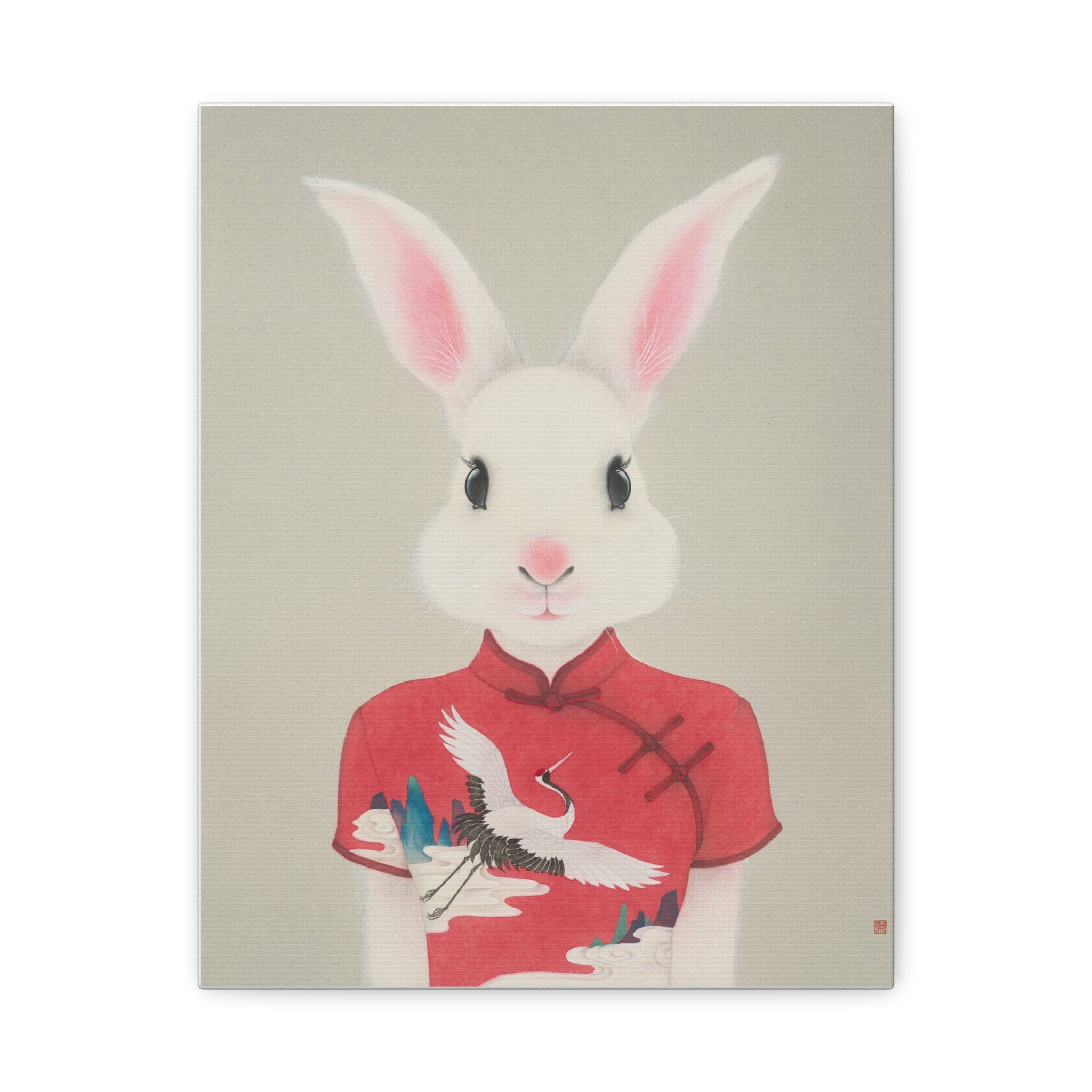 Chinese Qipao Rabbit with butterflies Chinese  Contemporary watercolor painting - Canvas Print
