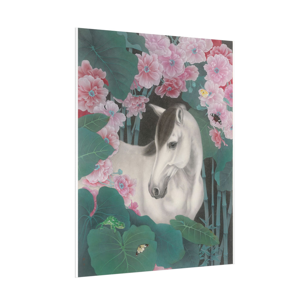 Horse in the Lotus Pond Art Poster, Cute Animal Decor, Christmas Wall Art, Kids Room Decoration, Gift for Animal Lovers