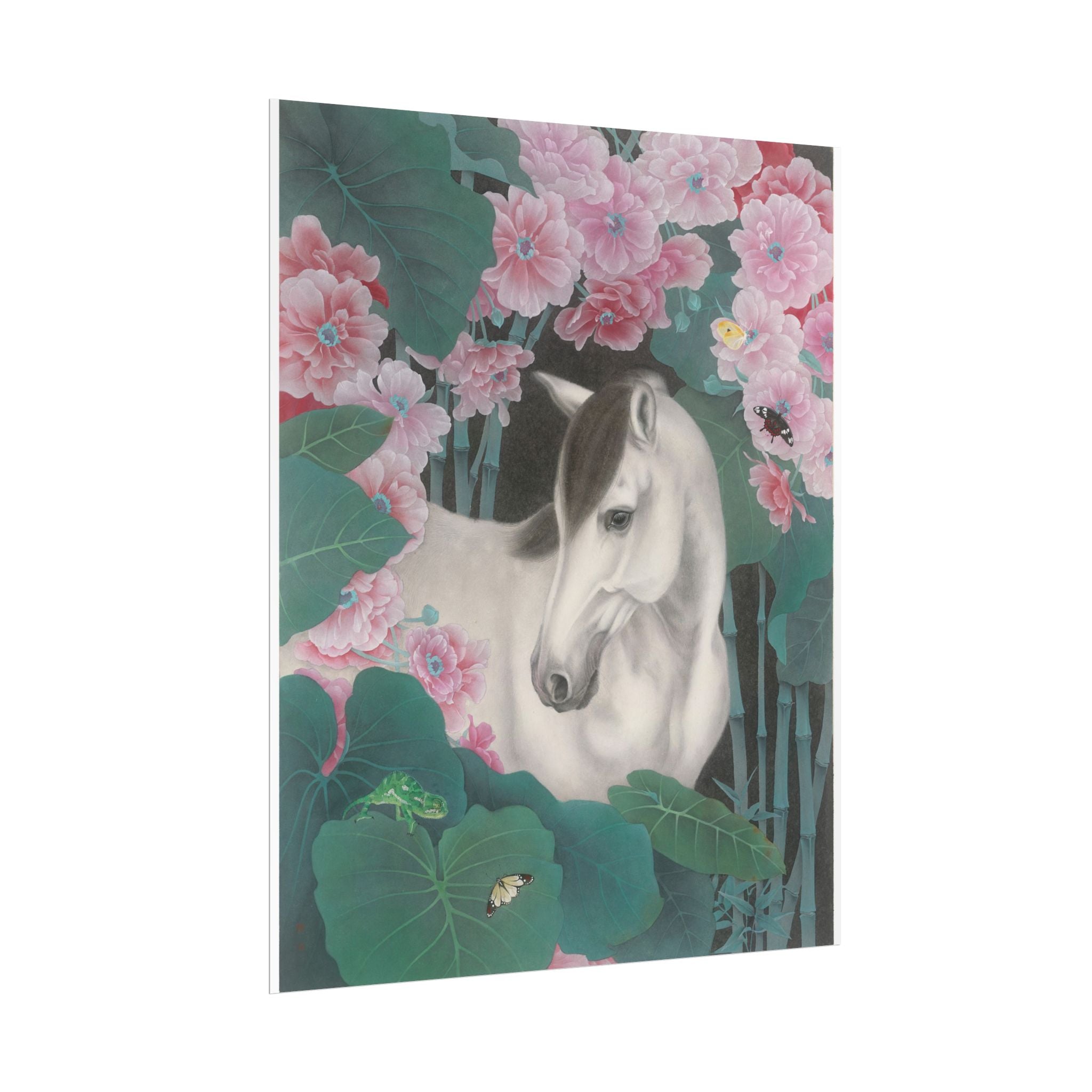 Horse in the Lotus Pond Art Poster, Cute Animal Decor, Christmas Wall Art, Kids Room Decoration, Gift for Animal Lovers
