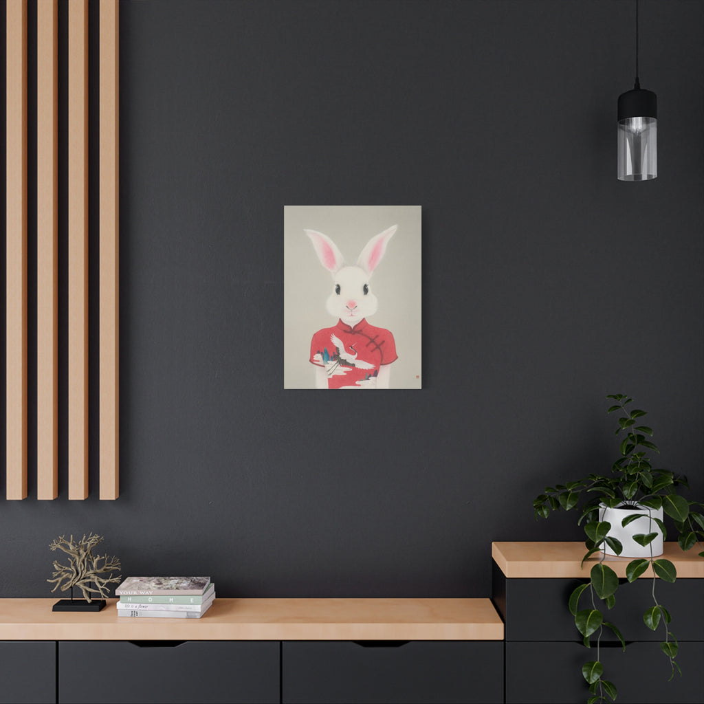 Chinese Qipao Rabbit with butterflies Chinese  Contemporary watercolor painting - Canvas Print