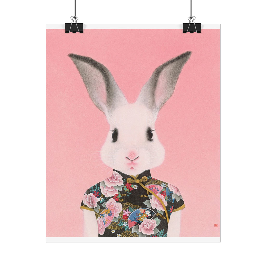Rabbit in Qipao Art Poster, Cute Animal Decor, Christmas Wall Art, Kids Room Decoration, Gift for Animal Lovers