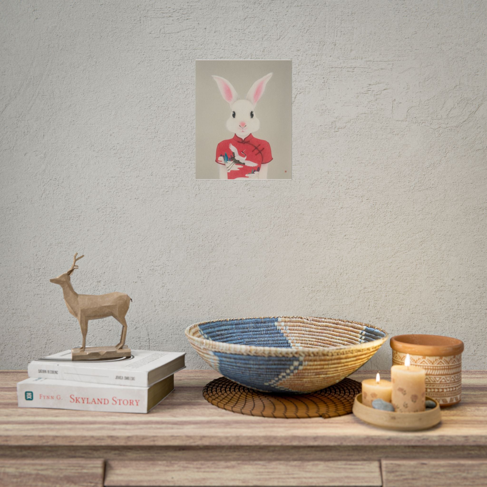 Rabbit with Qipao Art Poster, Cute Animal Decor, Christmas Wall Art, Kids Room Decoration, Gift for Animal Lovers