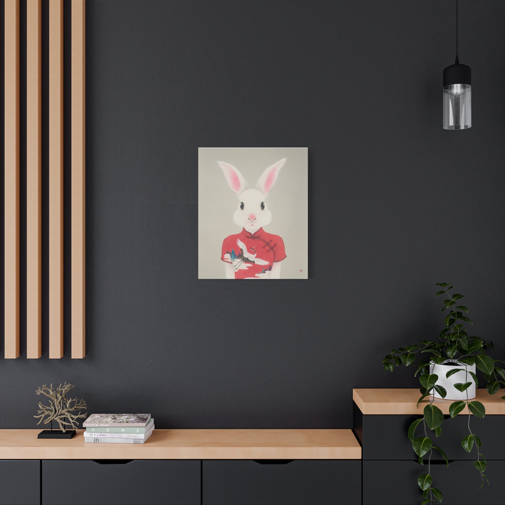 Chinese Qipao Rabbit with butterflies Chinese  Contemporary watercolor painting - Canvas Print