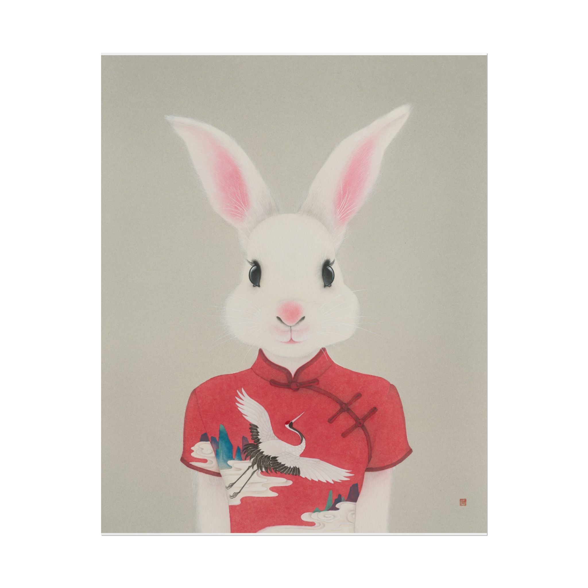 Rabbit with Qipao Art Poster, Cute Animal Decor, Christmas Wall Art, Kids Room Decoration, Gift for Animal Lovers