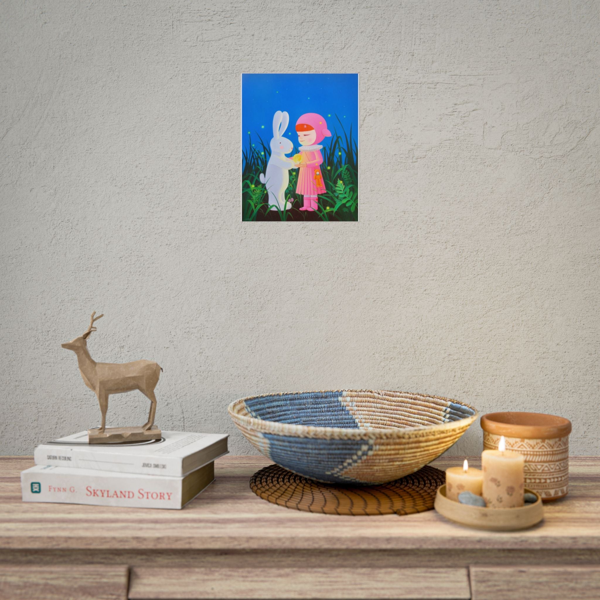 Little Girl, Rabbit & Moon Art Poster, Cute Animal Decor, Christmas Wall Art, Kids Room Decoration, Gift for Animal Lovers