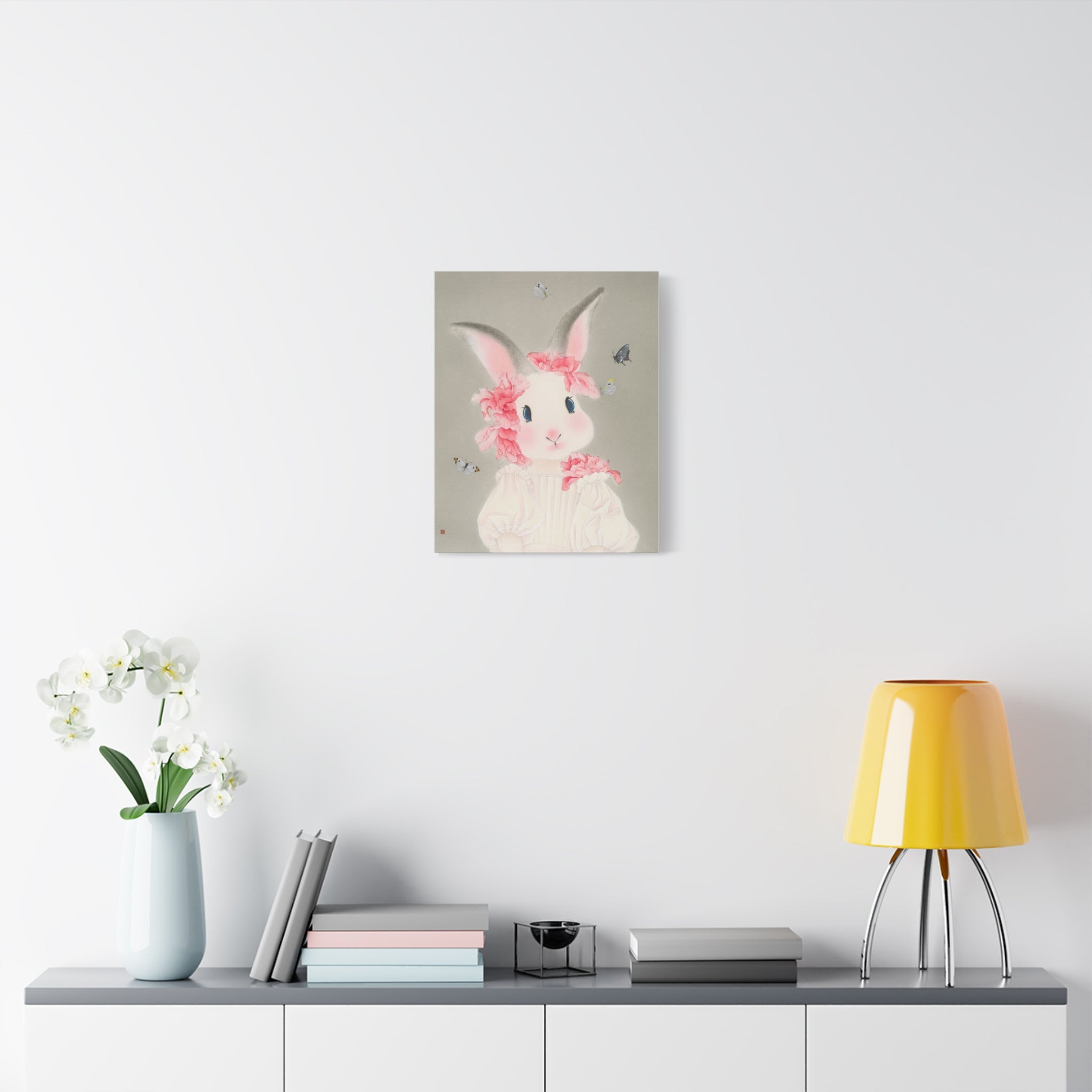 Cute Rabbit with butterflies Chinese  Contemporary watercolor painting - Canvas Print