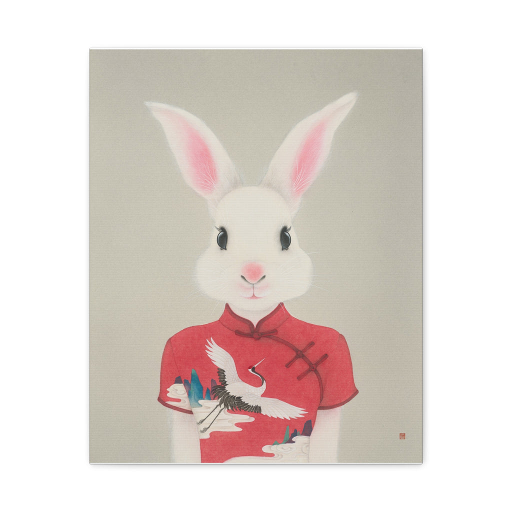 Chinese Qipao Rabbit with butterflies Chinese  Contemporary watercolor painting - Canvas Print