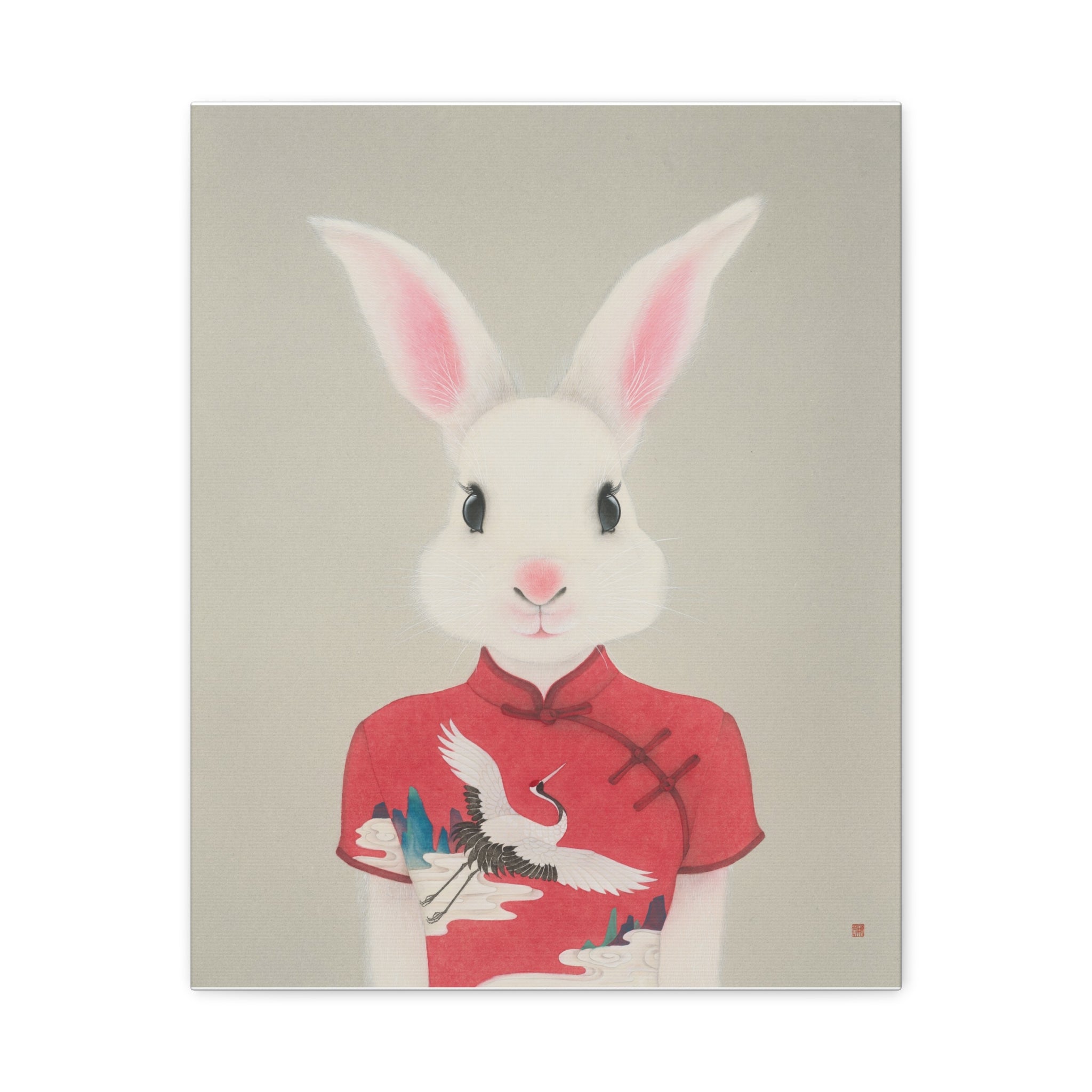 Chinese Qipao Rabbit with butterflies Chinese  Contemporary watercolor painting - Canvas Print