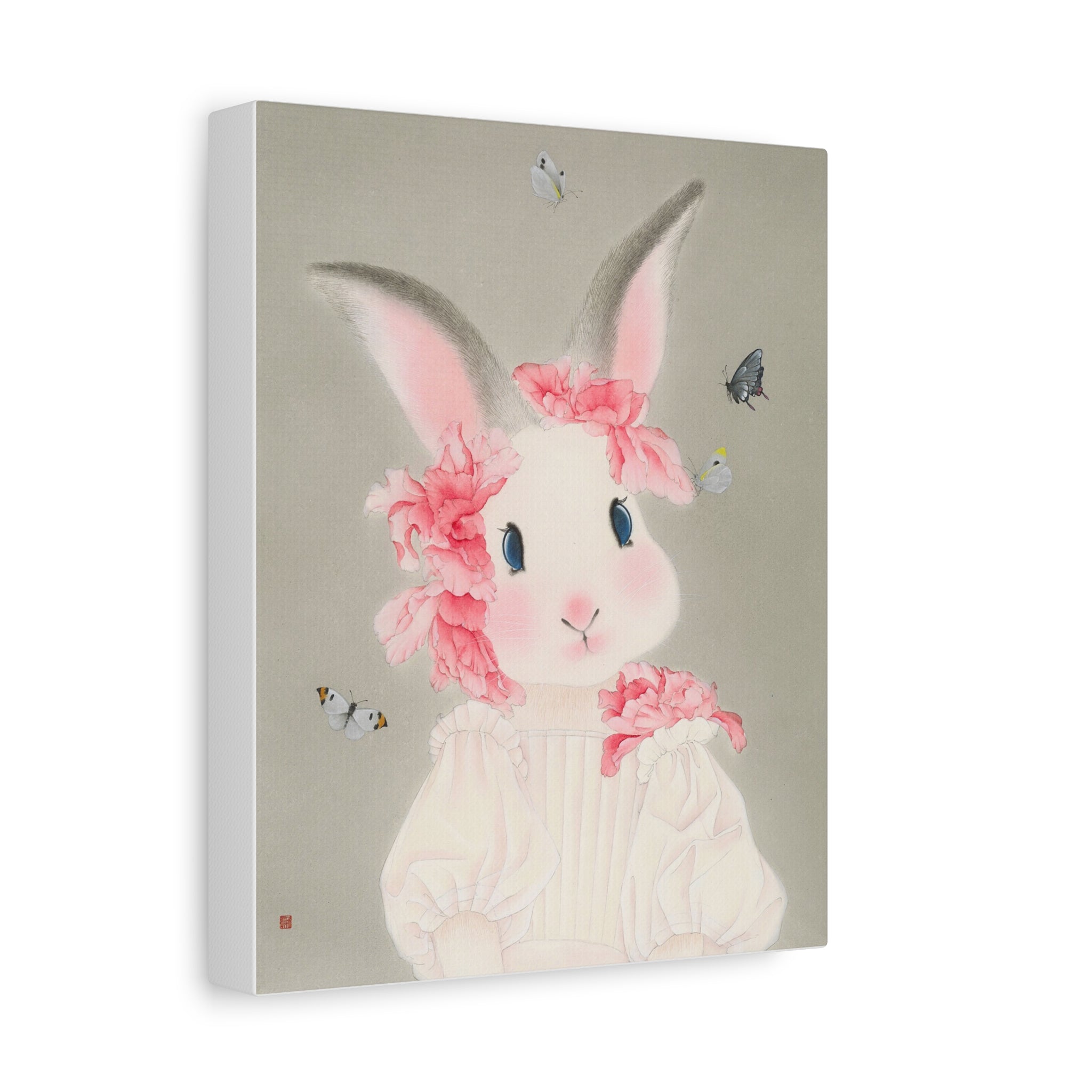 Cute Rabbit with butterflies Chinese  Contemporary watercolor painting - Canvas Print