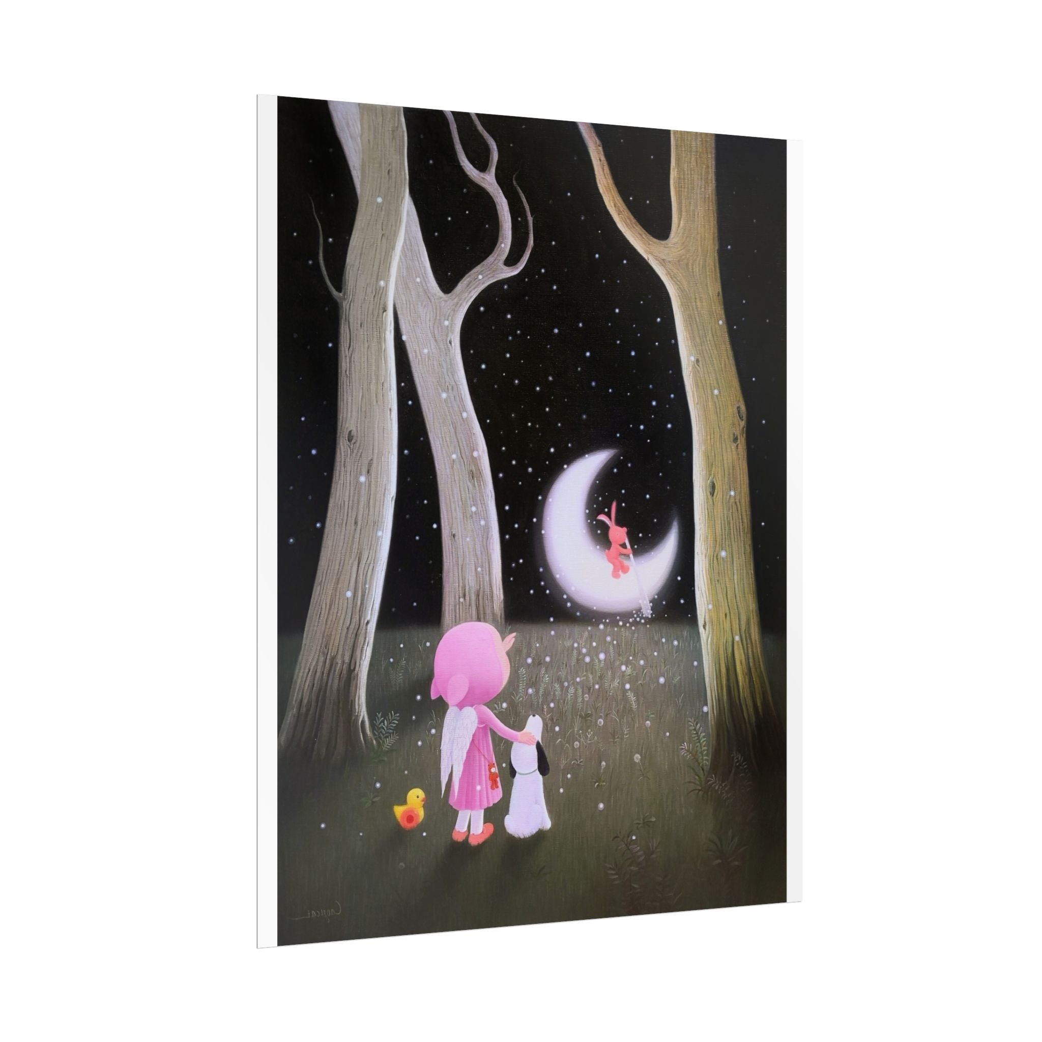 Little Girl with the Moon Art Poster, Cute Animal Decor, Christmas Wall Art, Kids Room Decoration, Gift for Animal Lovers