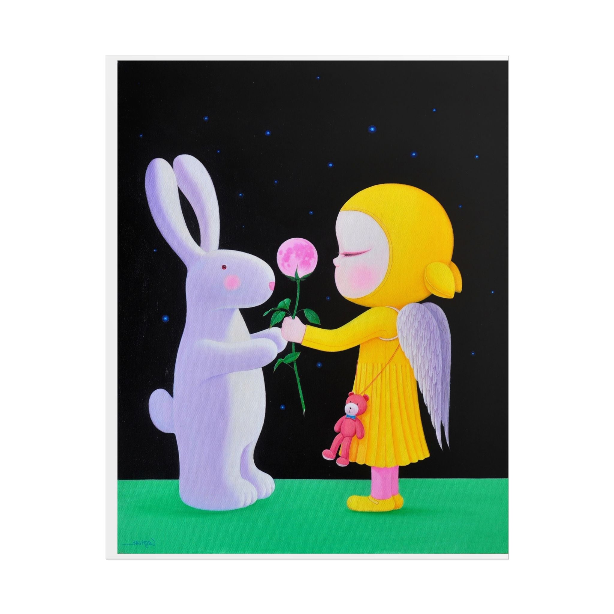 Little Girl with Bunny  Art Poster,  Chinese Contemporary artist - Canvas Print - Artwork for kids