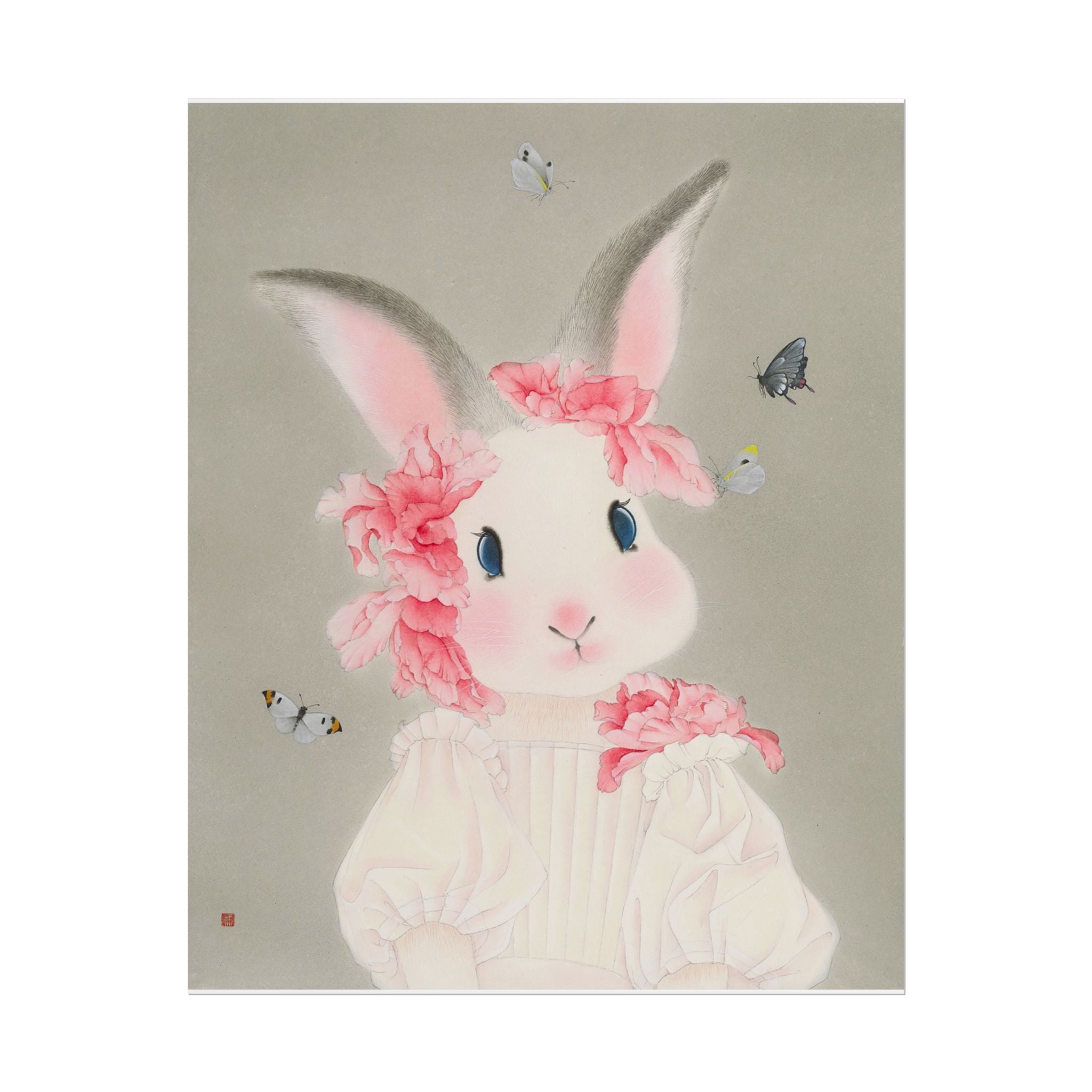 Rabbit with flowers Art Poster, Cute Animal Decor, Christmas Wall Art, Kids Room Decoration, Gift for Animal Lovers