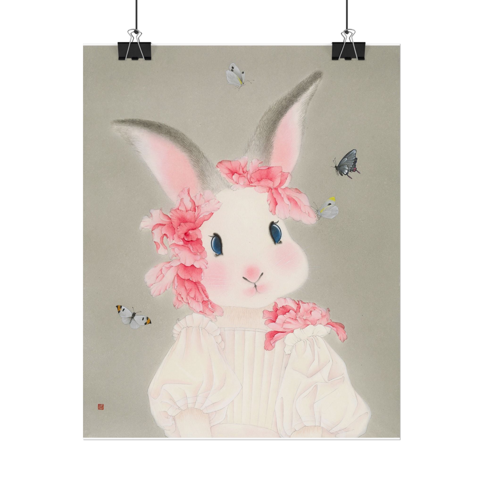 Rabbit with flowers Art Poster, Cute Animal Decor, Christmas Wall Art, Kids Room Decoration, Gift for Animal Lovers