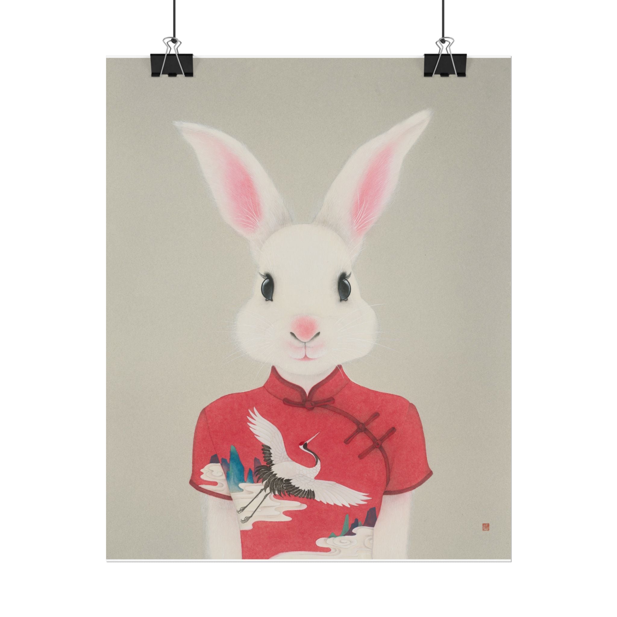 Rabbit with Qipao Art Poster, Cute Animal Decor, Christmas Wall Art, Kids Room Decoration, Gift for Animal Lovers