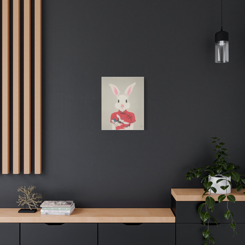 Chinese Qipao Rabbit with butterflies Chinese  Contemporary watercolor painting - Canvas Print