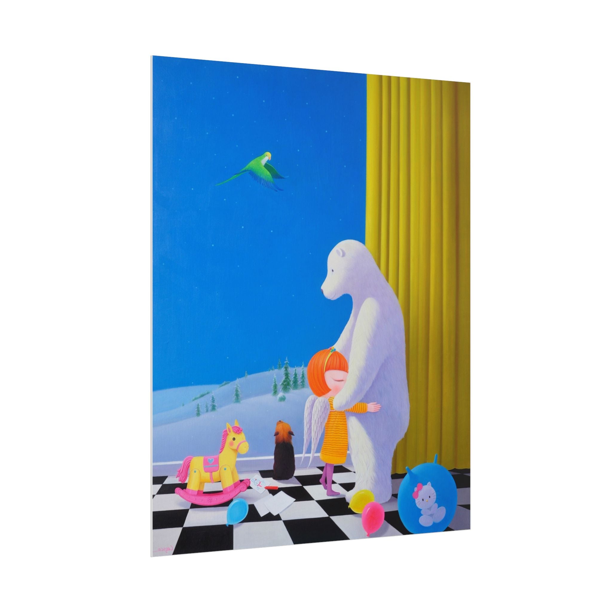 Little Girl with Her Bear Art Poster, Cute Animal Decor, Christmas Wall Art, Kids Room Decoration, Gift for Animal Lovers