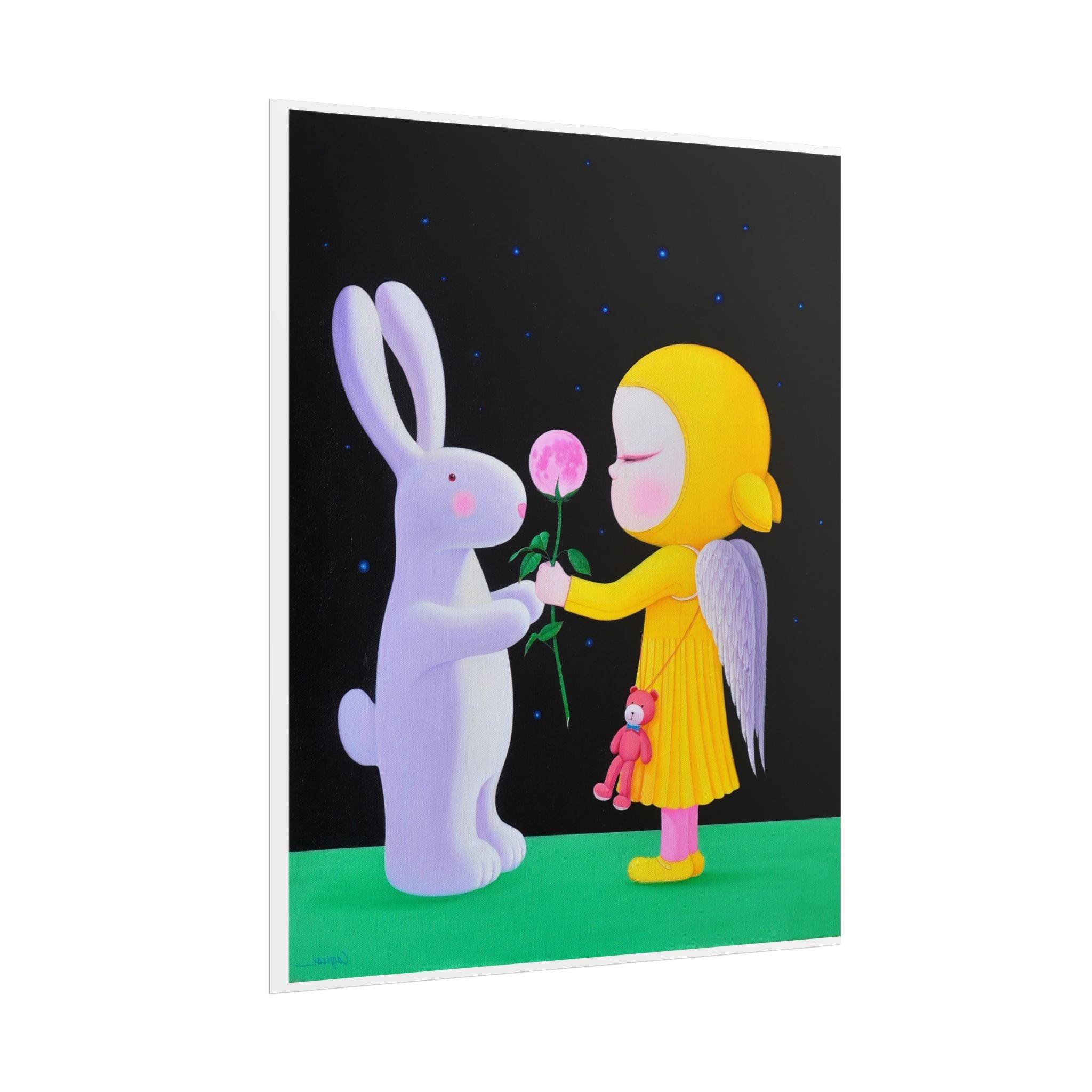 Little Girl with Bunny  Art Poster,  Chinese Contemporary artist - Canvas Print - Artwork for kids