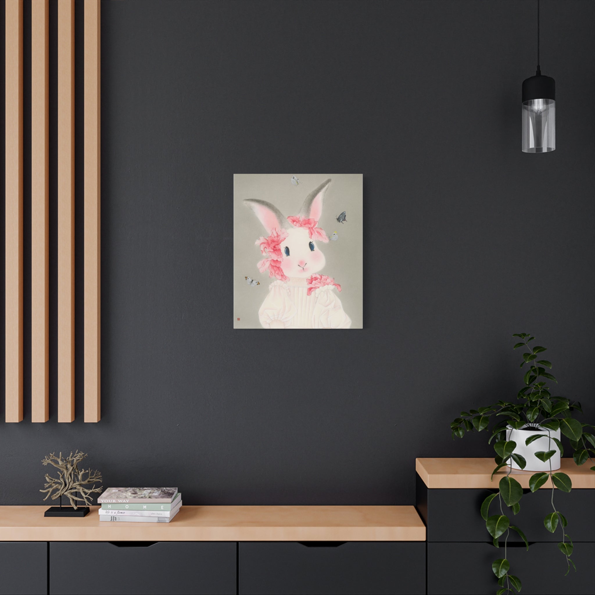 Cute Rabbit with butterflies Chinese  Contemporary watercolor painting - Canvas Print