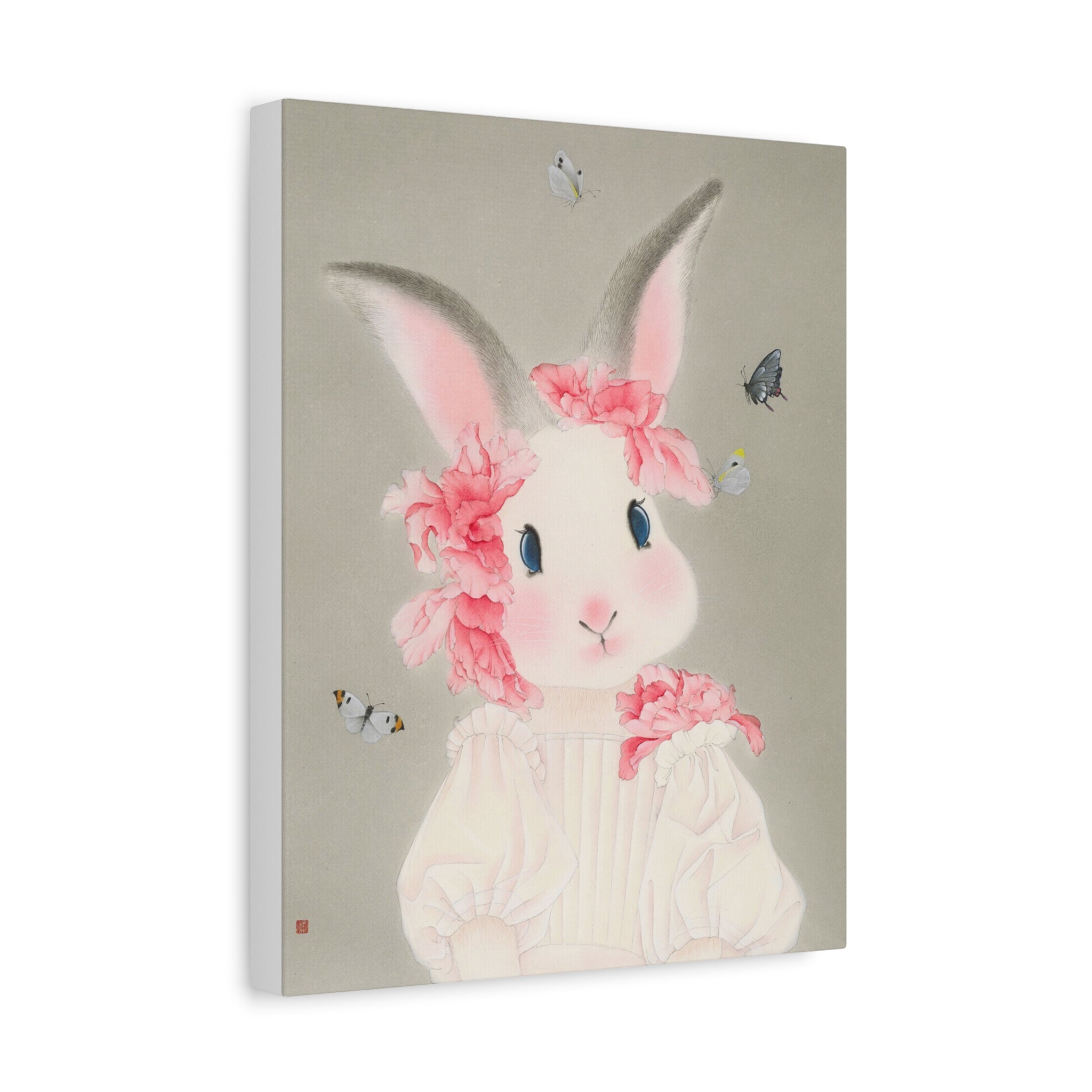 Cute Rabbit with butterflies Chinese  Contemporary watercolor painting - Canvas Print