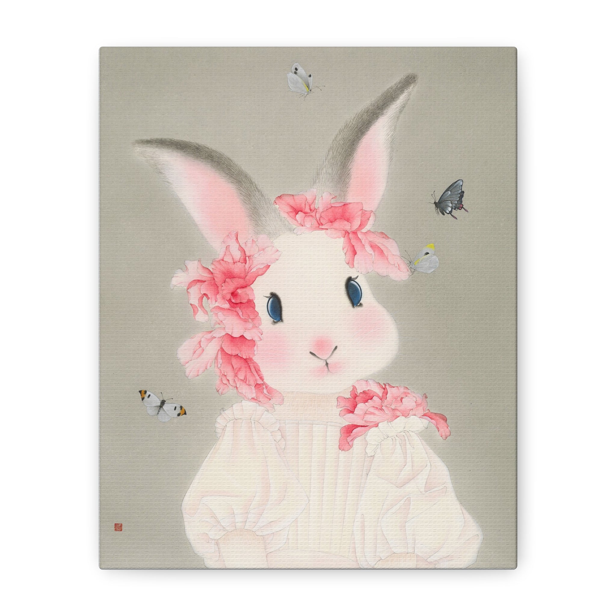 Cute Rabbit with butterflies Chinese  Contemporary watercolor painting - Canvas Print