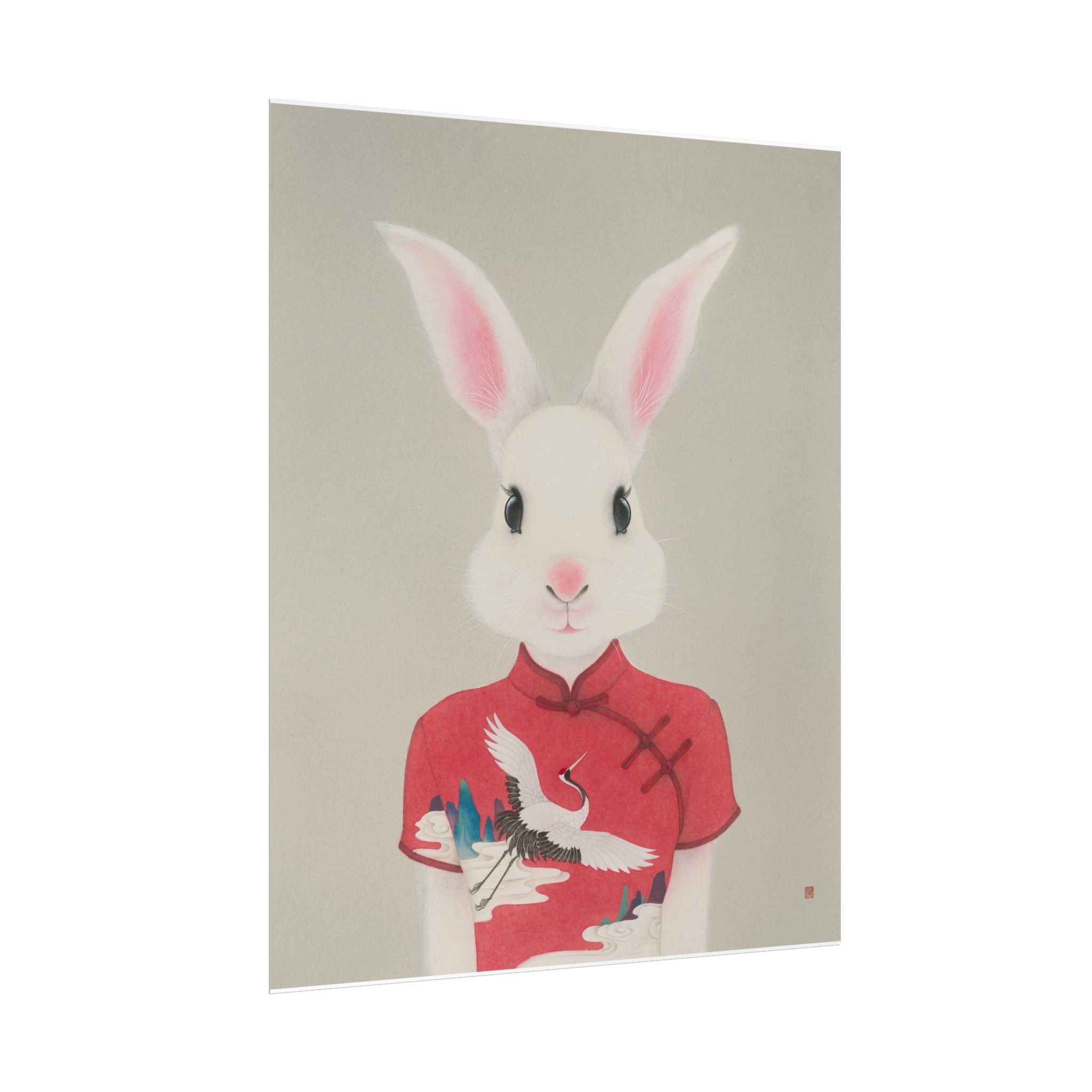 Rabbit with Qipao Art Poster, Cute Animal Decor, Christmas Wall Art, Kids Room Decoration, Gift for Animal Lovers